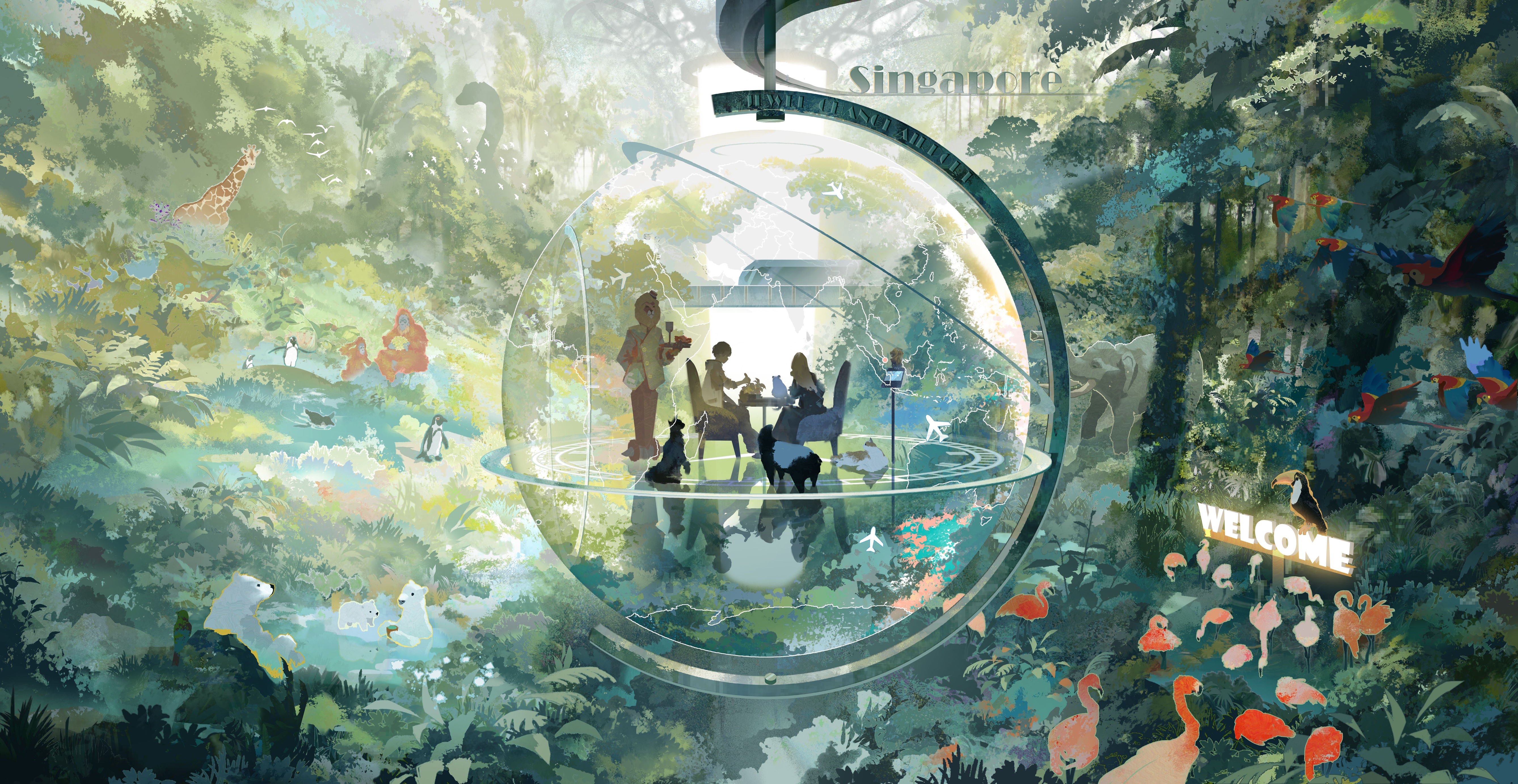 Singapore Zoo Landscape with Animals and Futuristic Elements HD Wallpaper