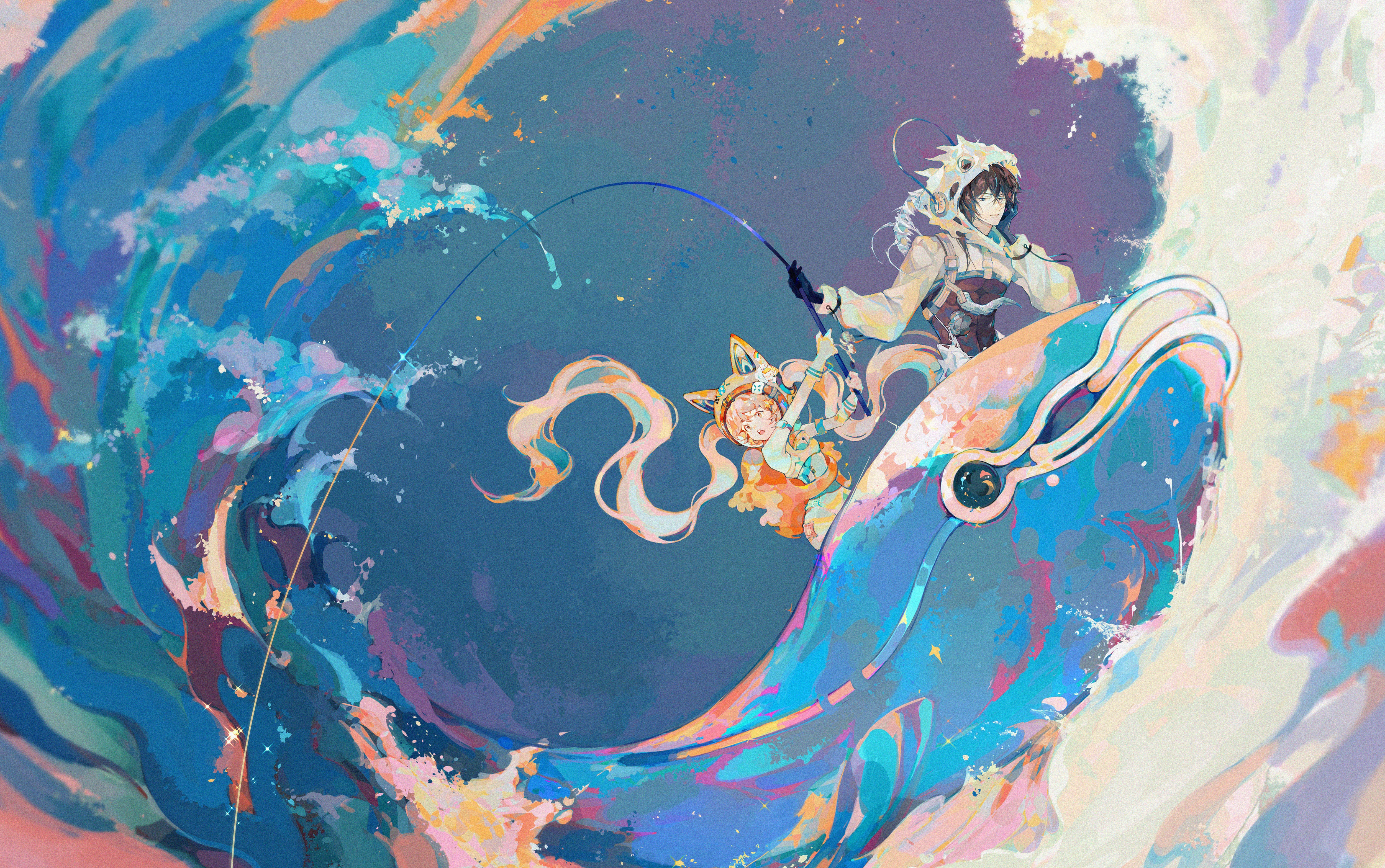Anime characters fishing on a whale HD Wallpaper