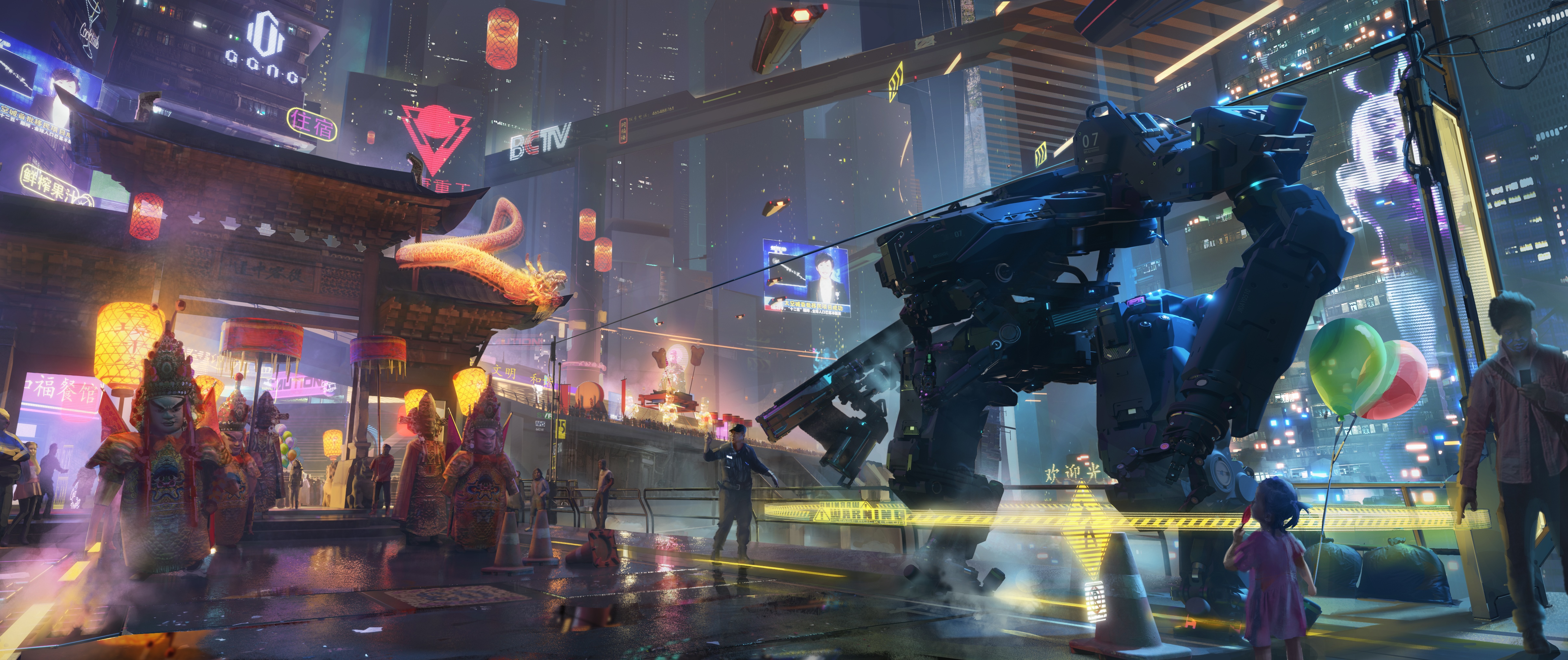 Cyberpunk Cityscape with Robot and Chinese Architecture HD Wallpaper