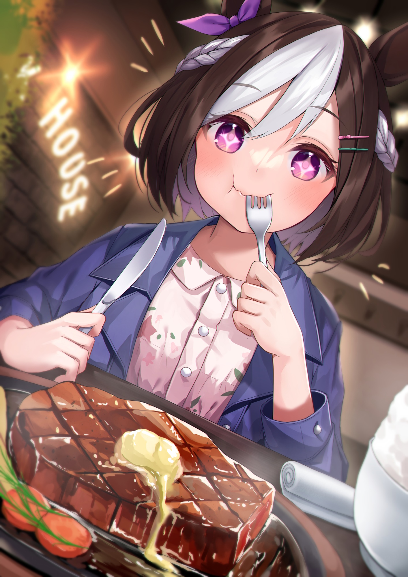 Special Week eating steak in Uma Musume Pretty Derby HD Phone Wallpaper