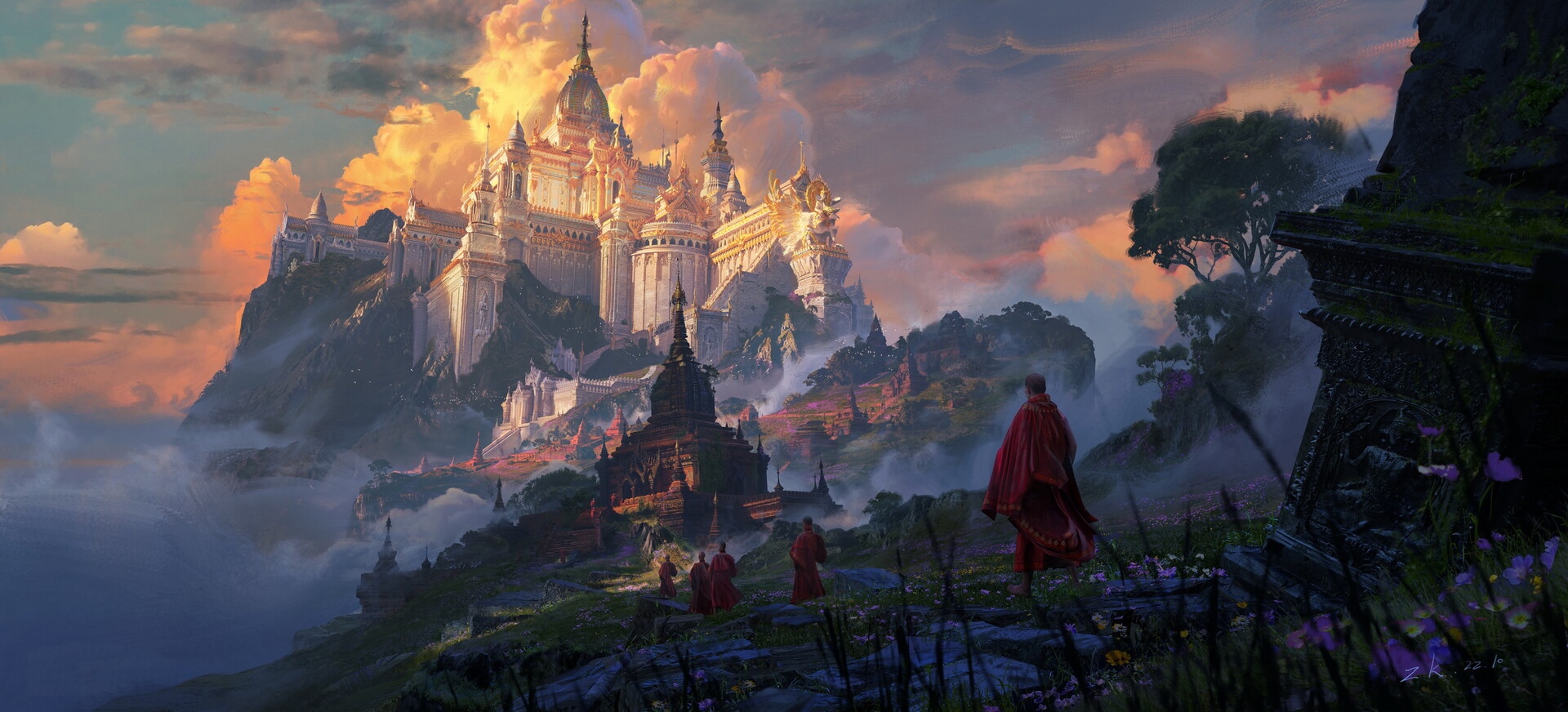 Monks walk towards a fantasy castle on a mountain HD Wallpaper