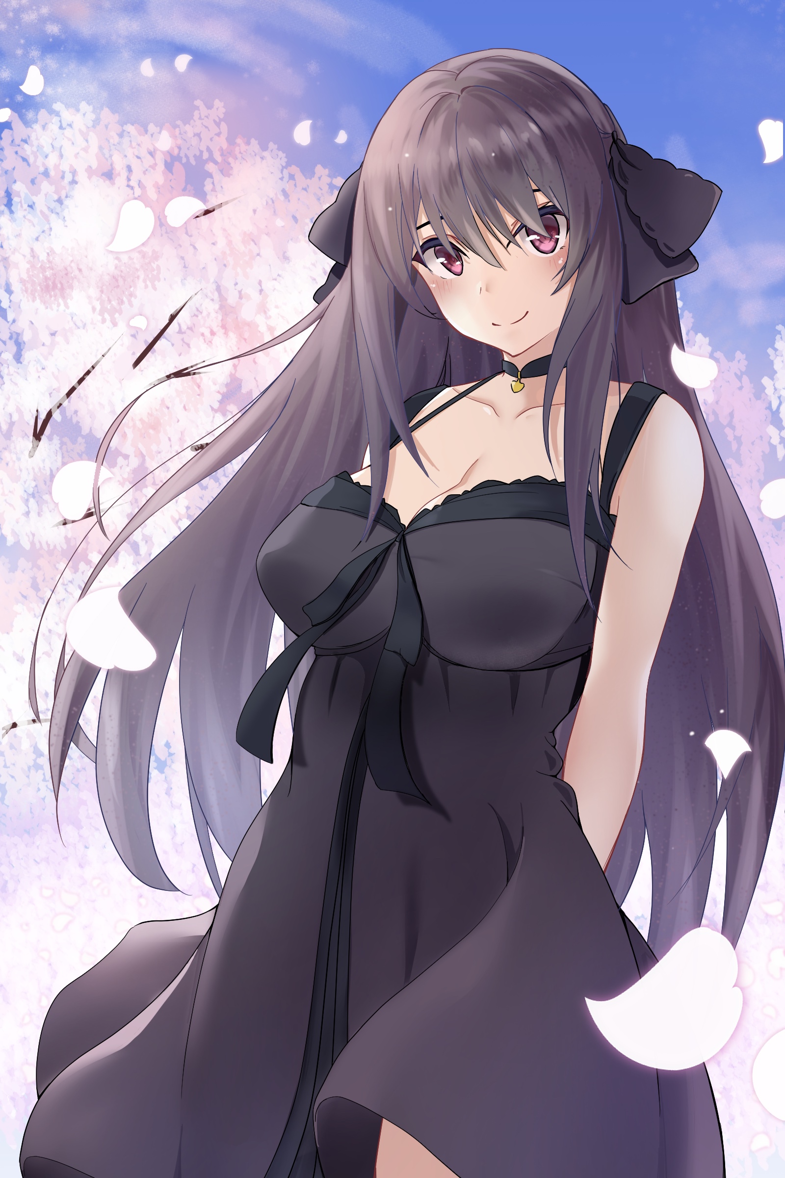 Tobisawa Misaki in a black dress with petals falling HD Phone Wallpaper