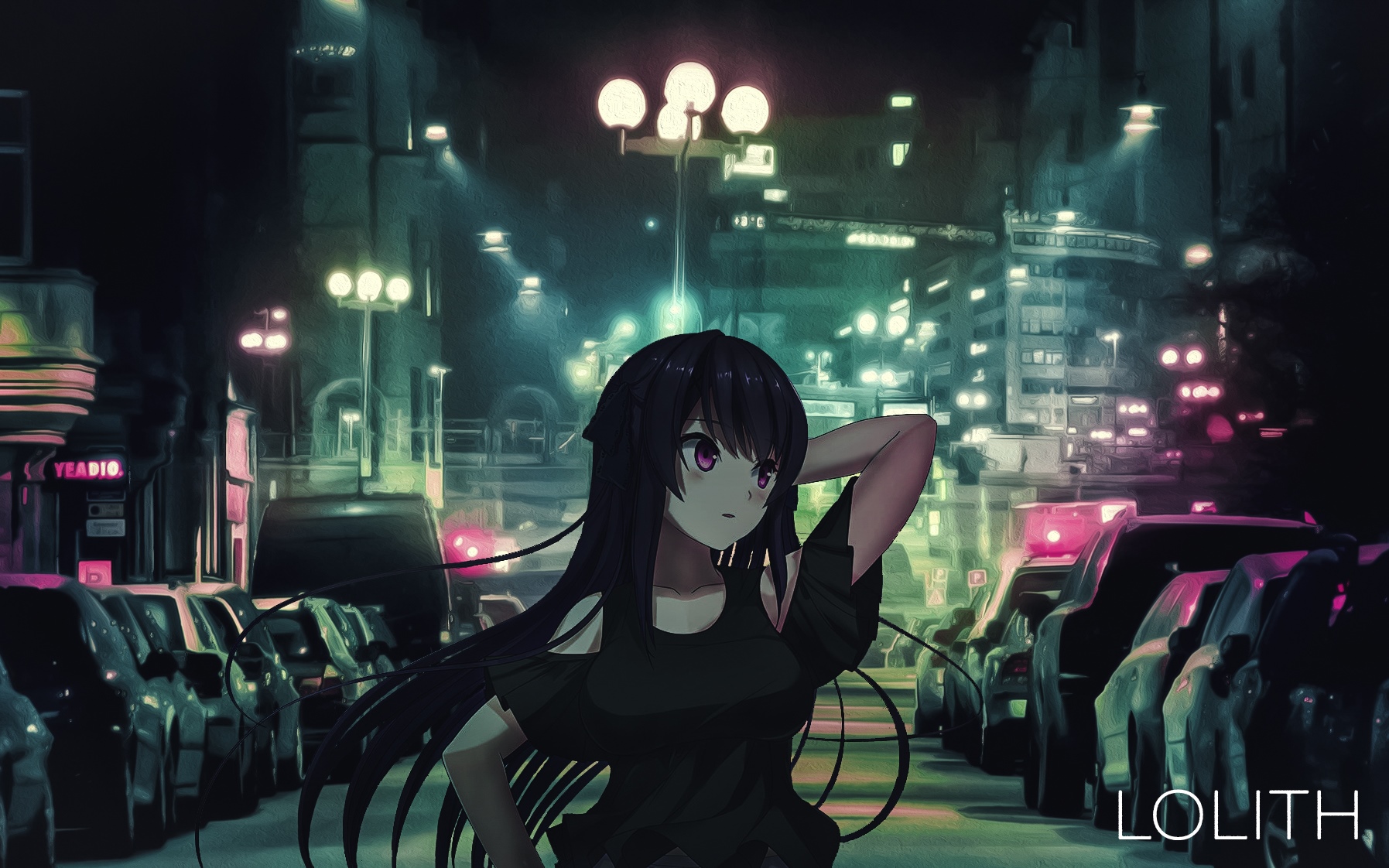 Misaki Tobisawa standing on a street at night HD Wallpaper