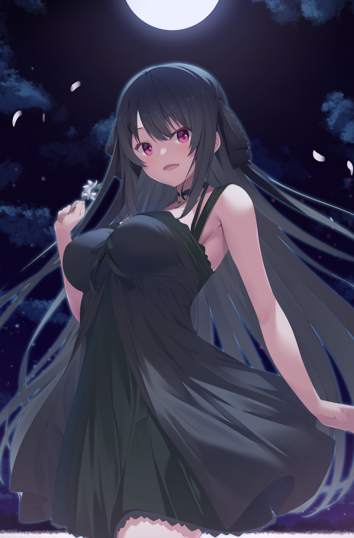 Tobisawa Misaki fan art with petals and moon HD Phone Wallpaper