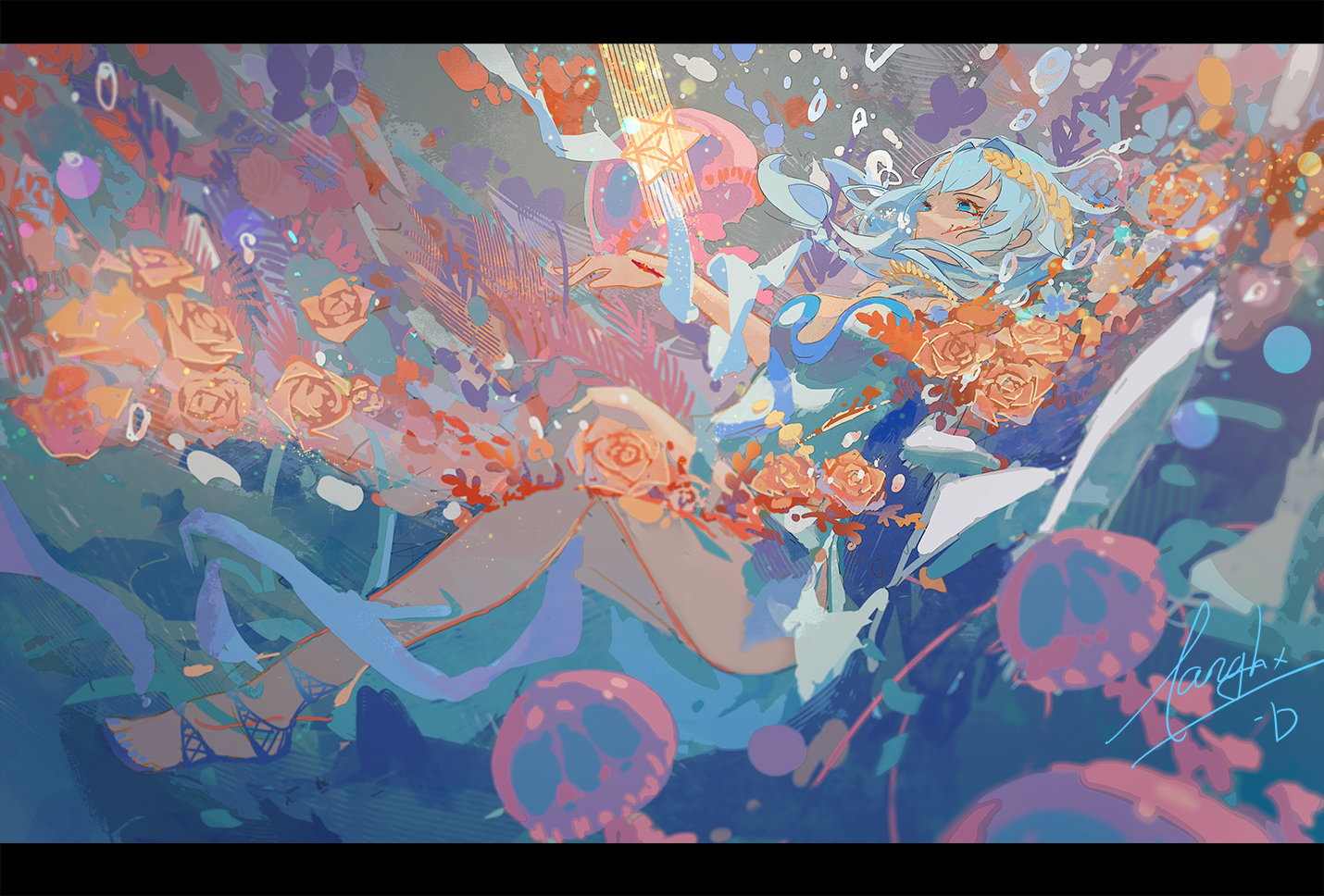 Girl with blue hair underwater with flowers and jellyfish HD Wallpaper