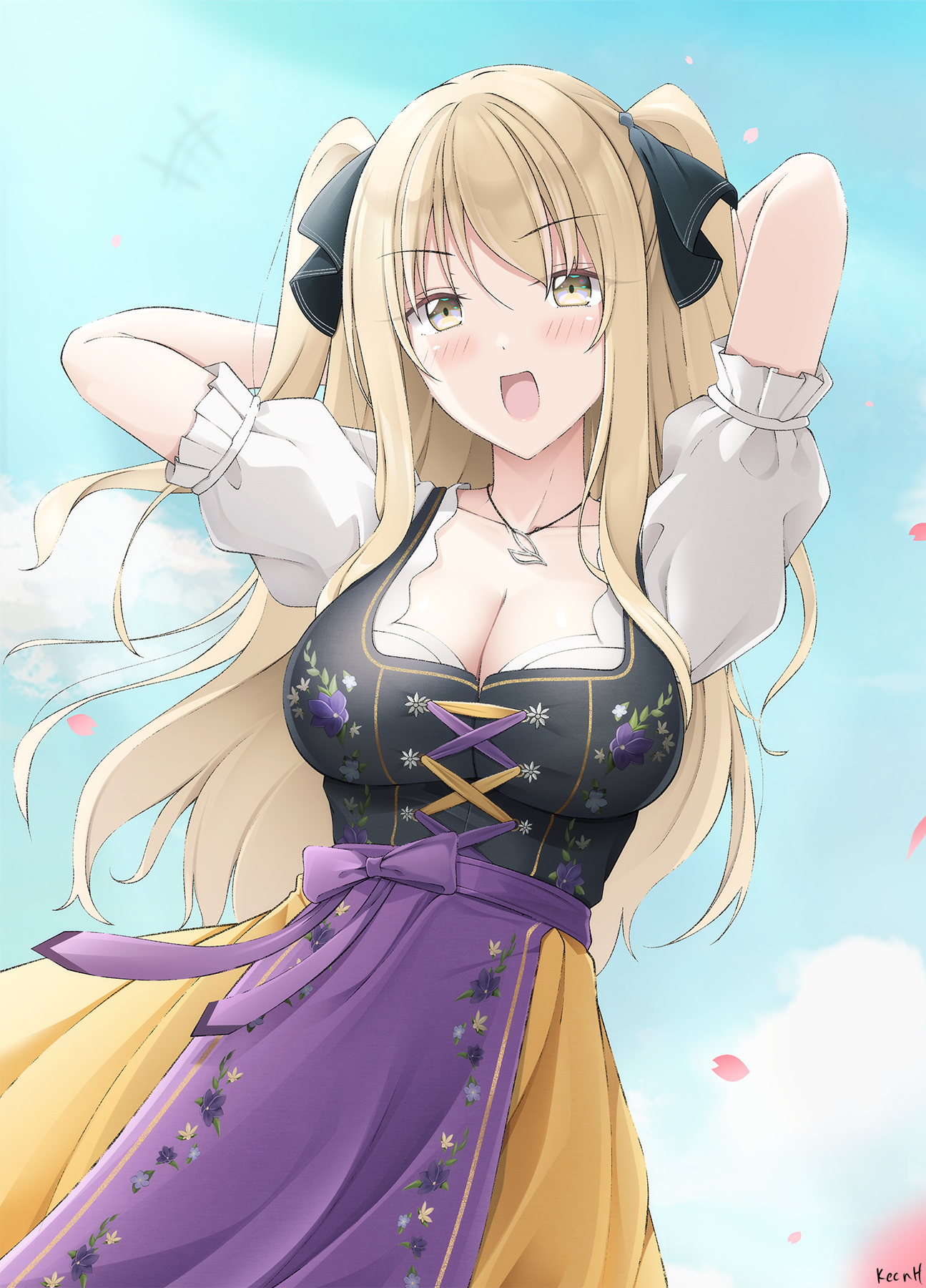 Satouin Reiko in a traditional dress under the sky HD Phone Wallpaper