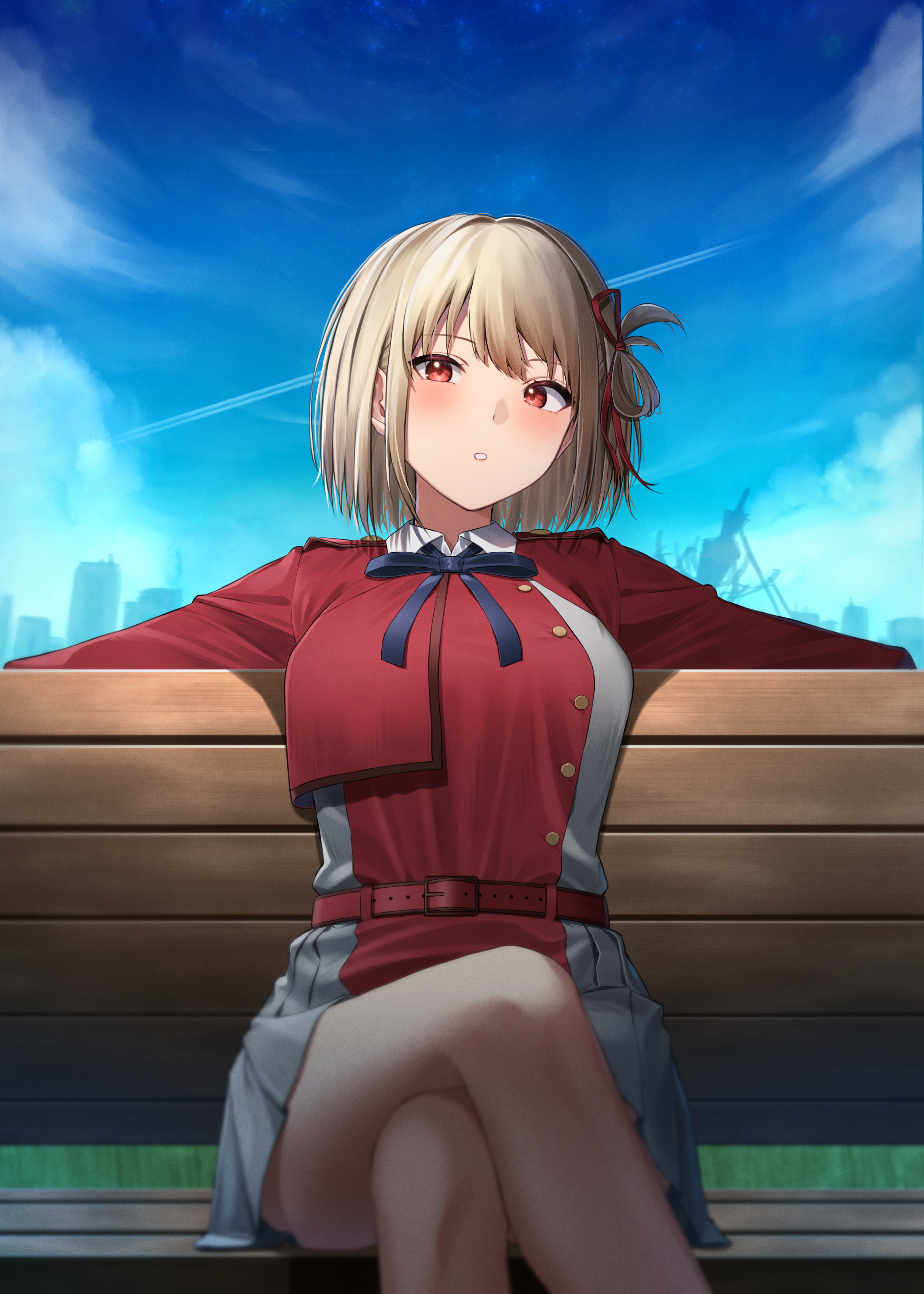 Nishikigi Chisato from Lycoris Recoil sitting on a bench HD Phone Wallpaper
