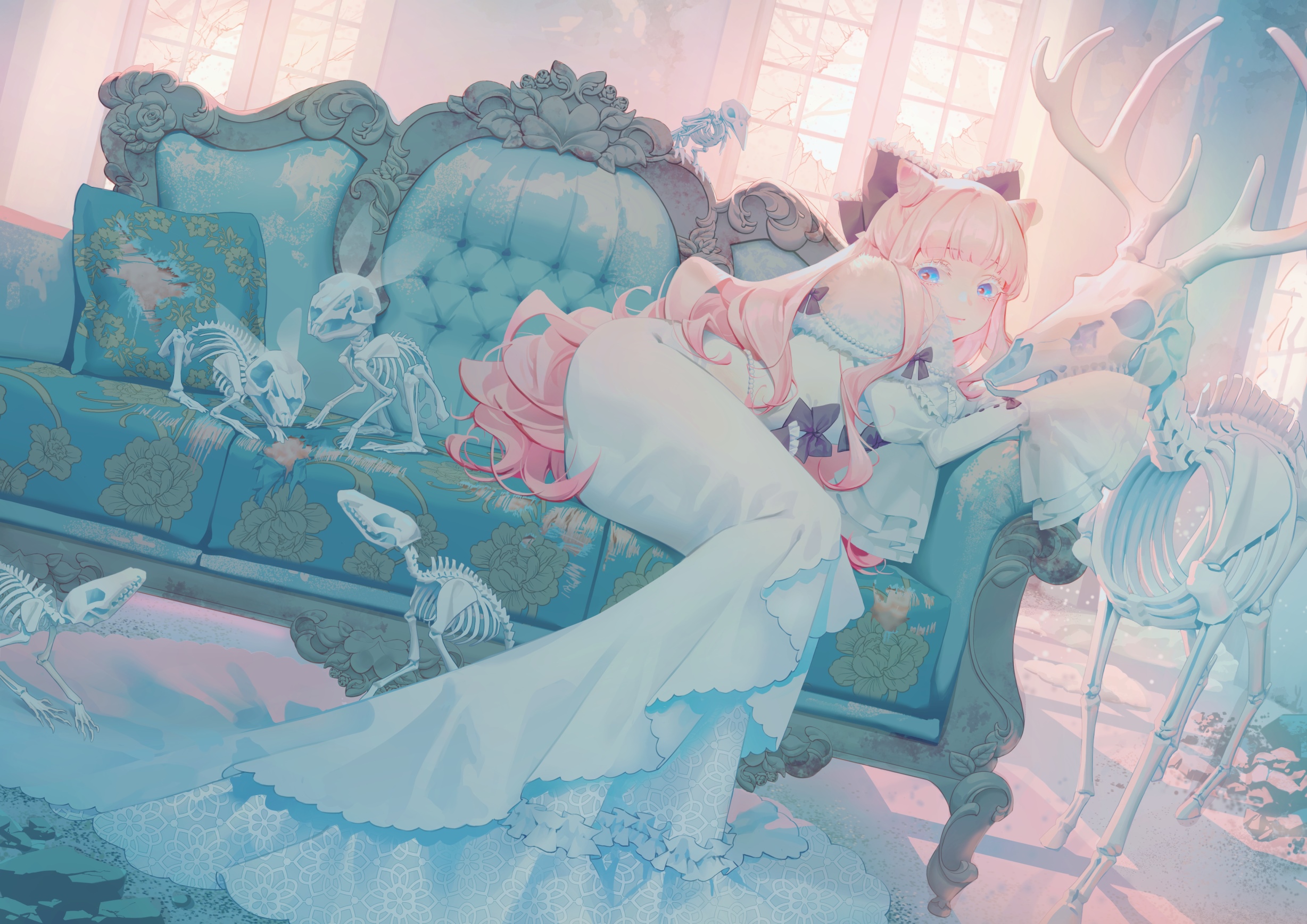 Girl with pink hair and blue eyes on a blue couch with skeletons HD Wallpaper