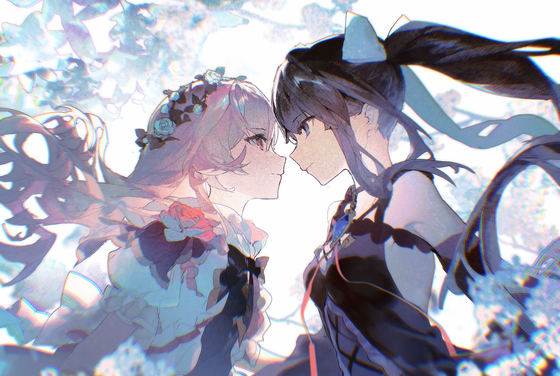 Two anime girls with flowers in their hair facing each other HD Wallpaper