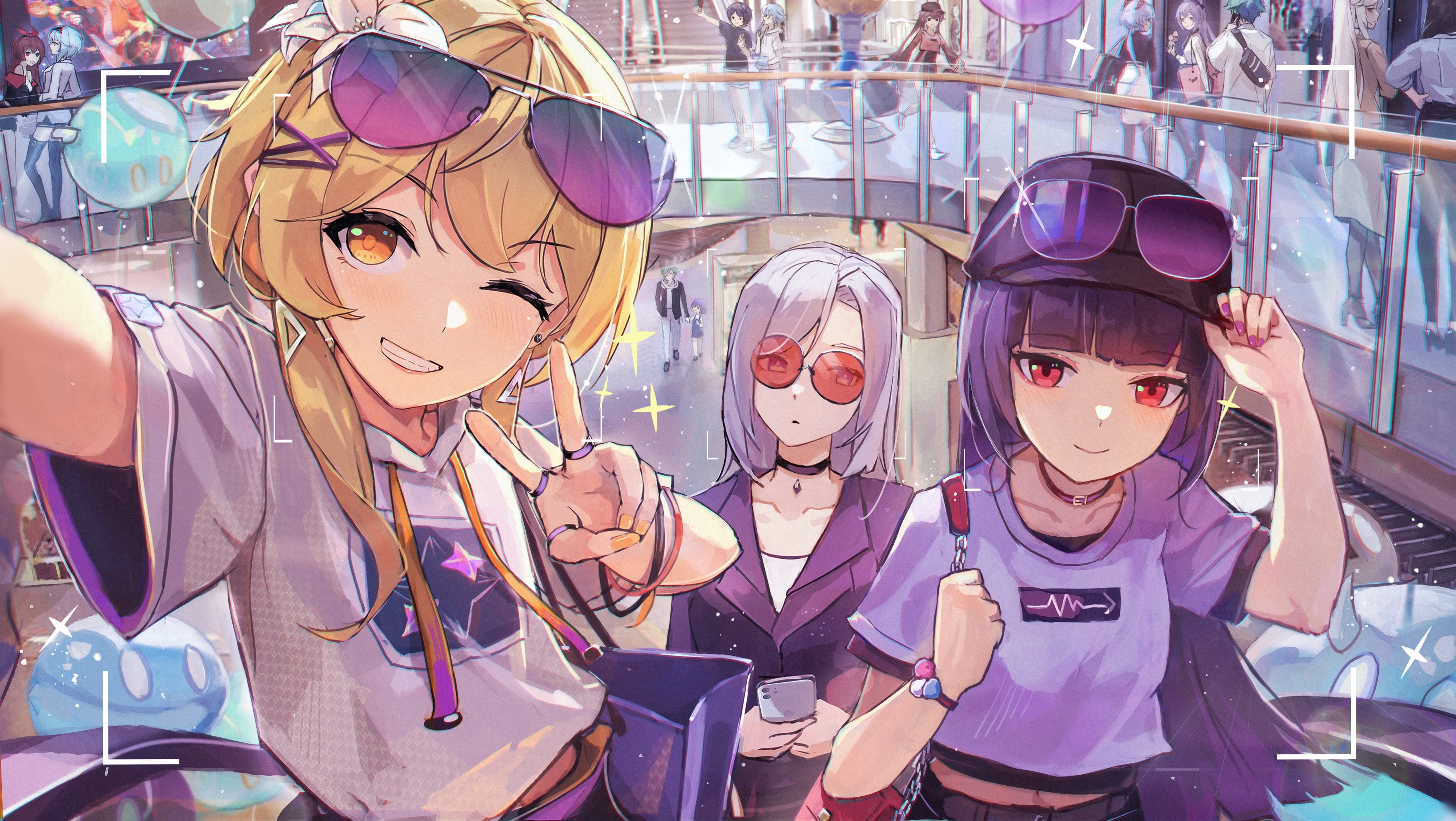 Three anime girls taking a selfie in a mall HD Wallpaper