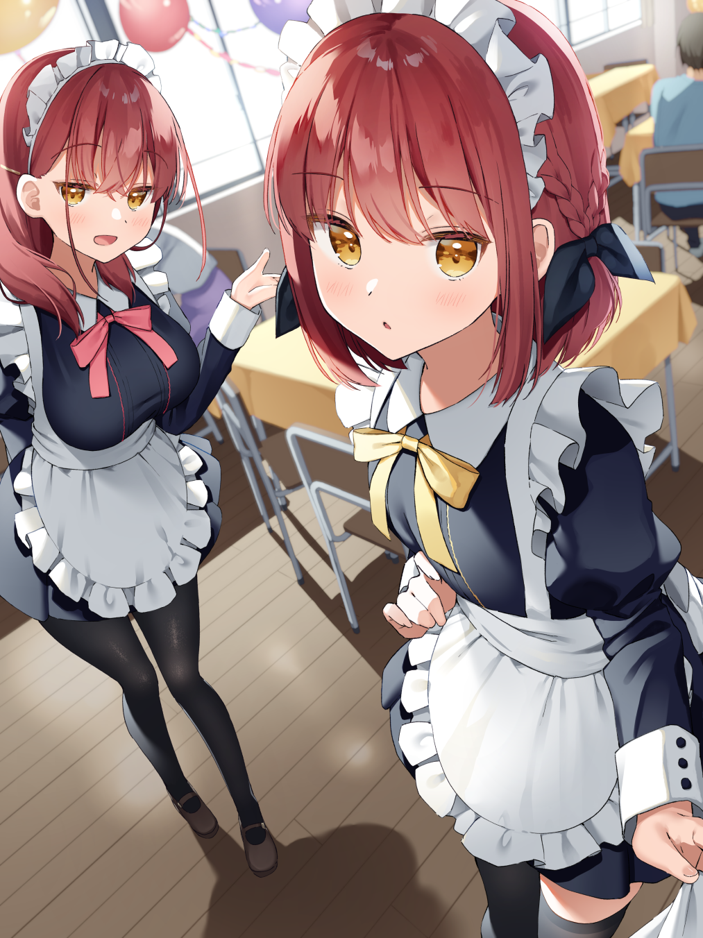Two anime maids with red hair in a classroom HD Phone Wallpaper