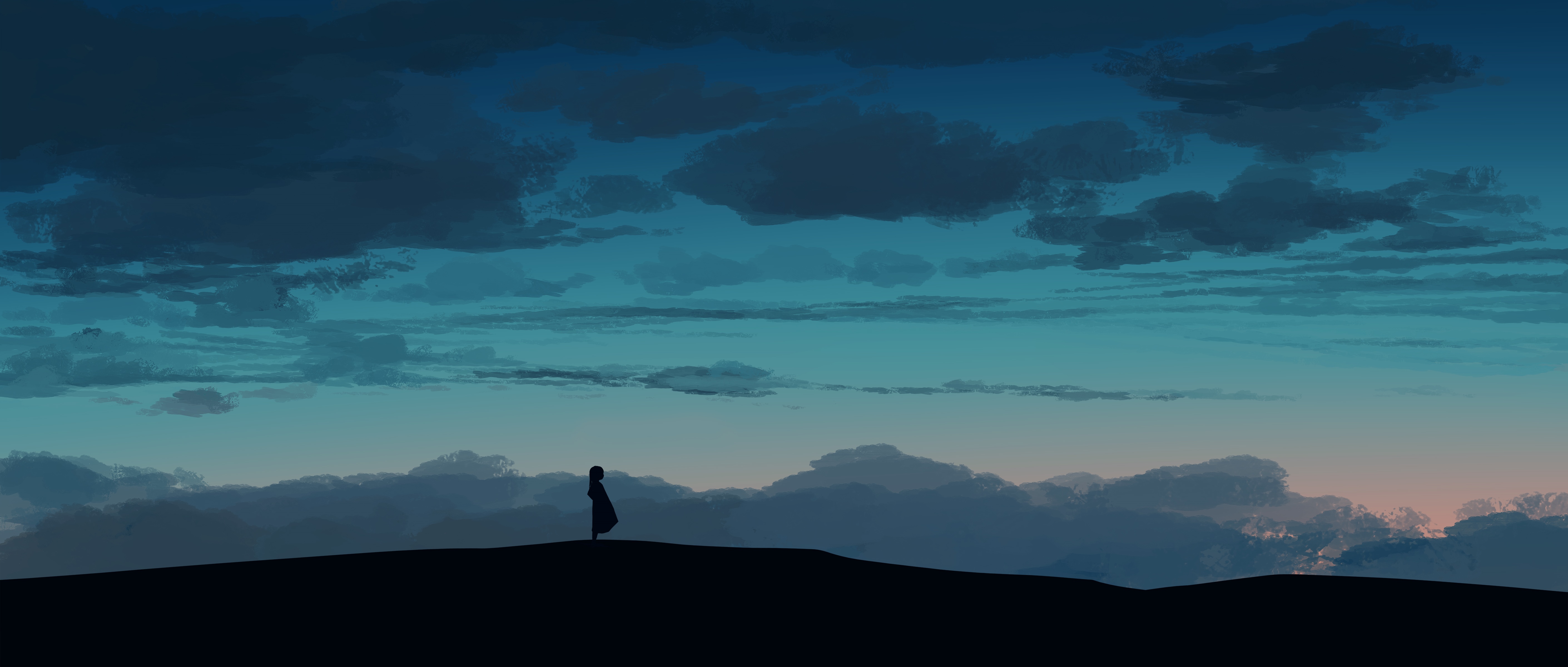 Anime sky with clouds and silhouette of a person HD Wallpaper