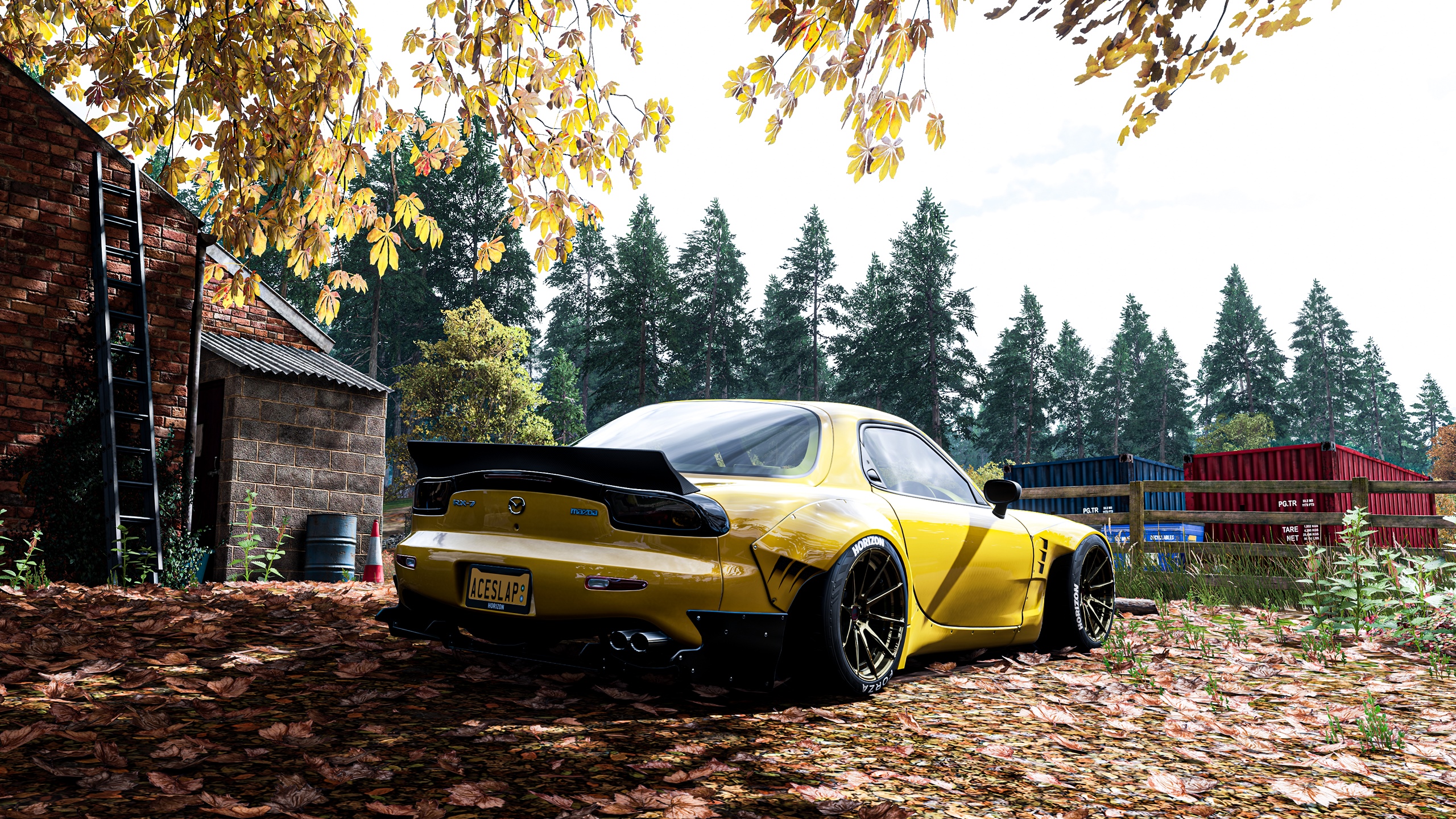 Yellow Mazda RX-7 in a forest setting HD Wallpaper
