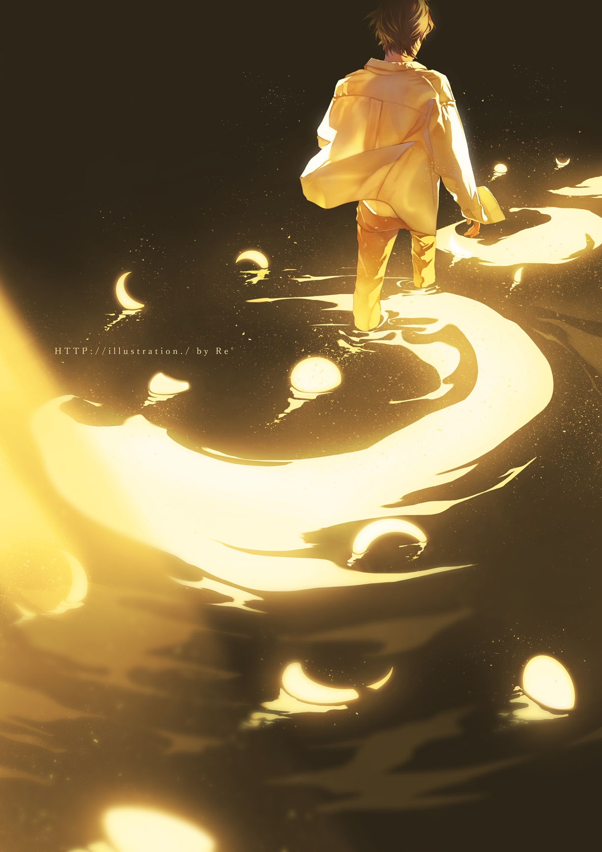 Anime boy walking on a glowing path with moons HD Phone Wallpaper