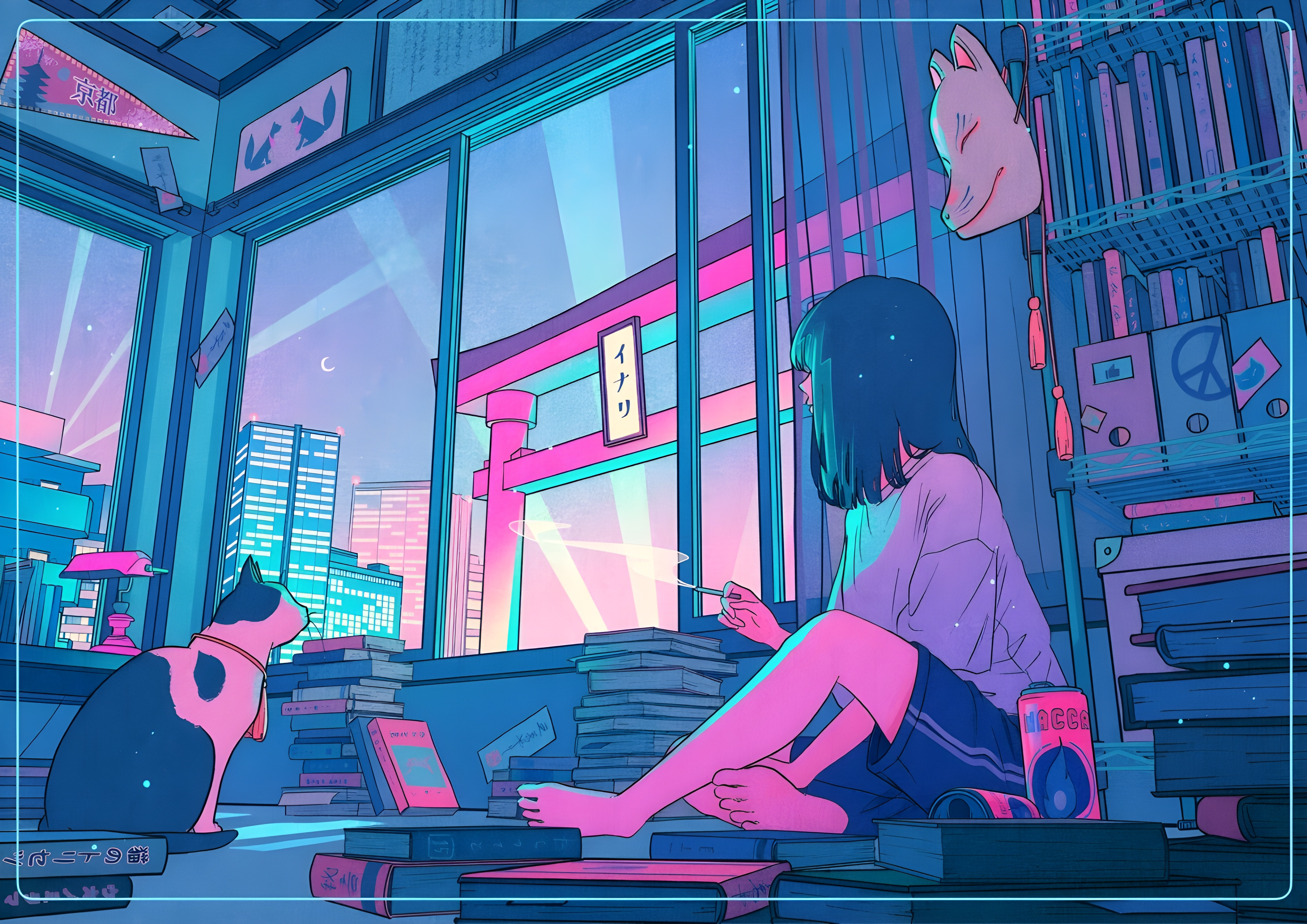 Girl Smoking with Cat and Fox Mask in Cyberpunk City HD Wallpaper