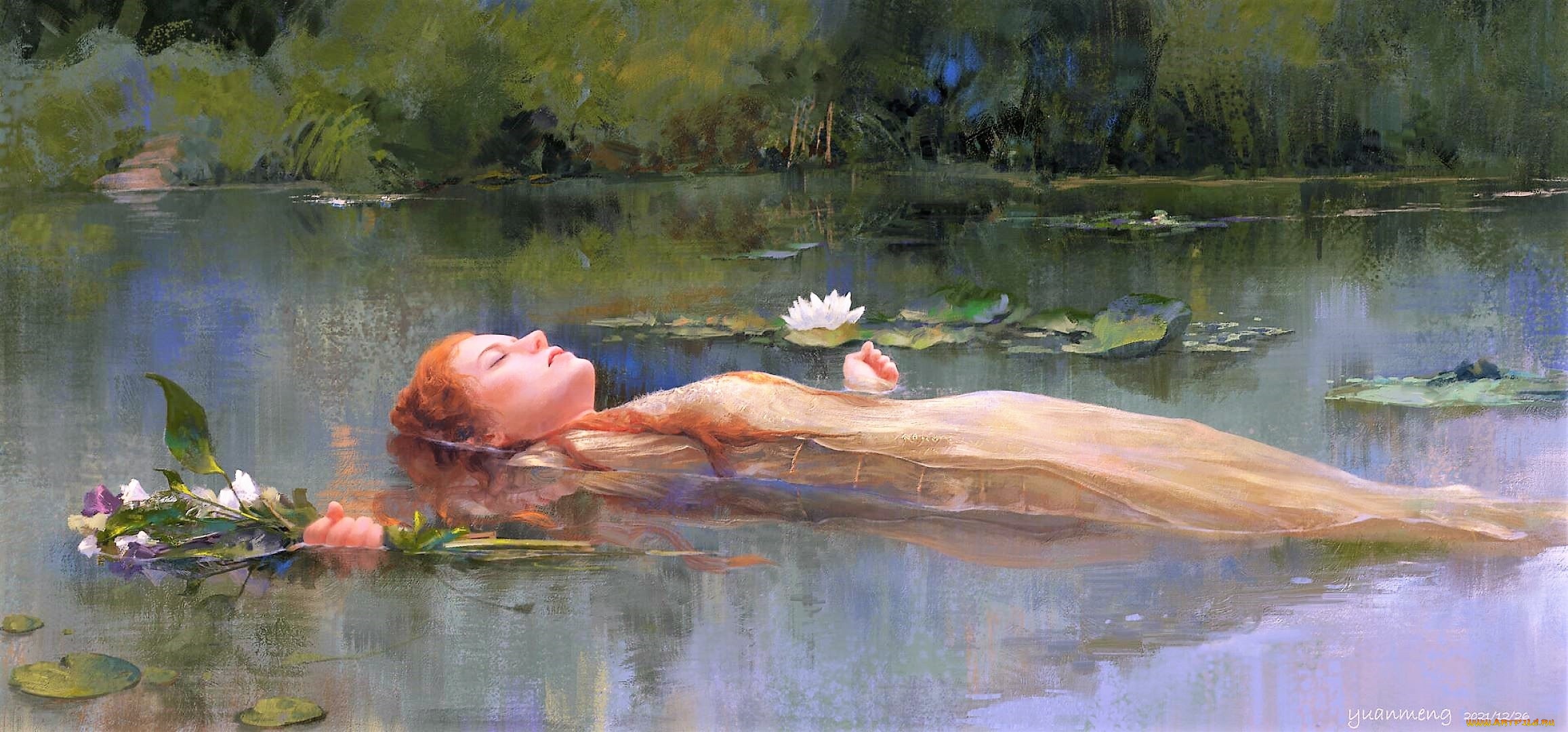 Redhead woman floating in water with flowers HD Wallpaper