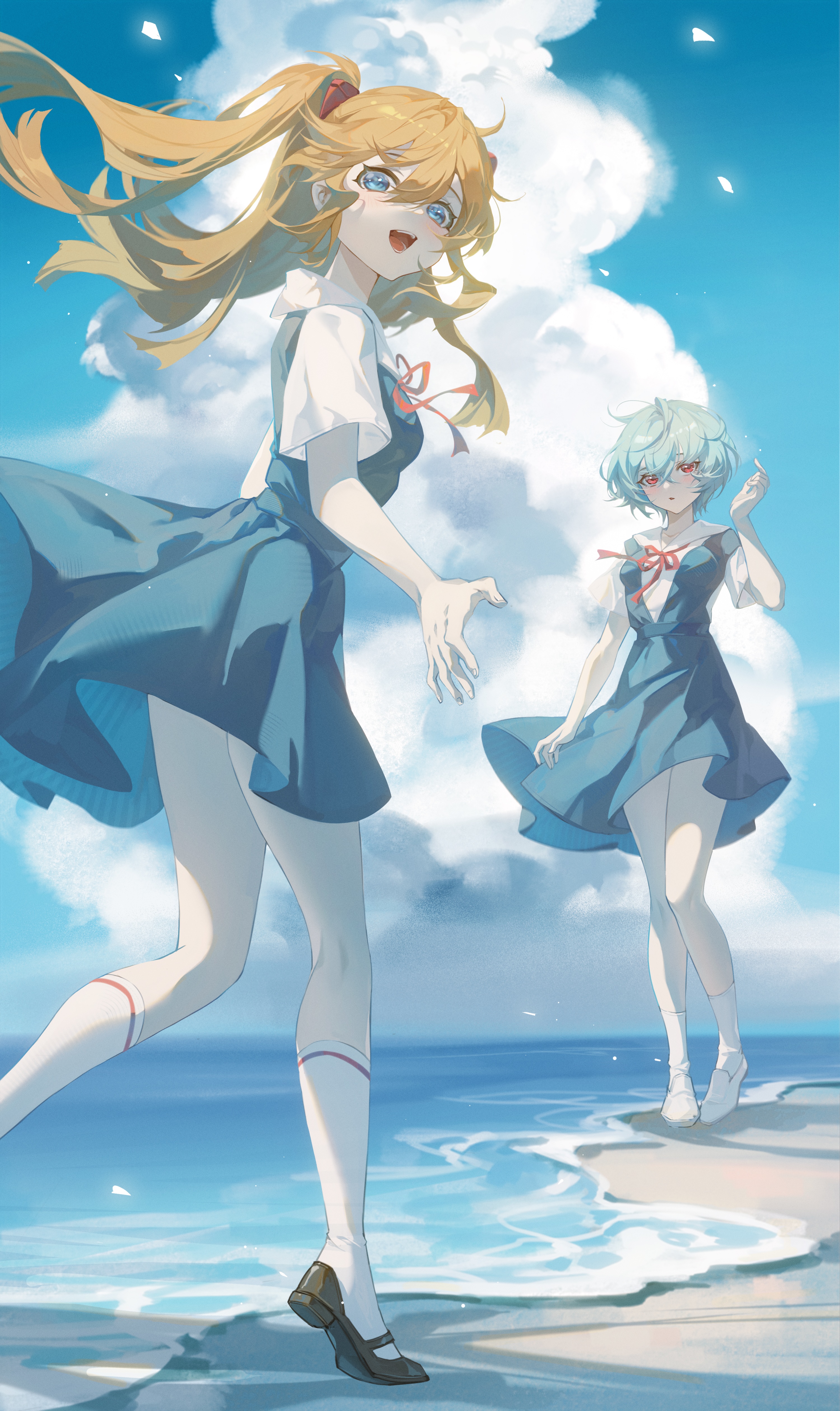 Asuka Langley Soryu and Rei Ayanami on a beach HD Phone Wallpaper