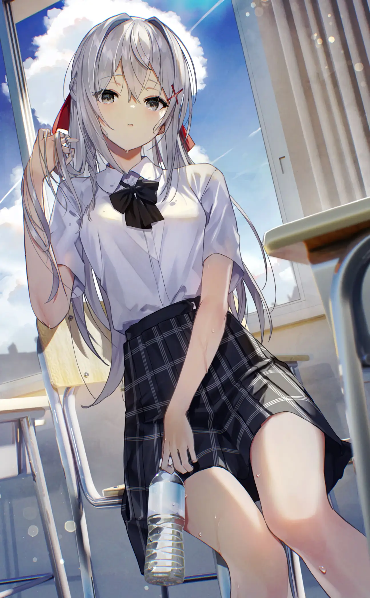 Schoolgirl with silver hair holding a water bottle HD Phone Wallpaper