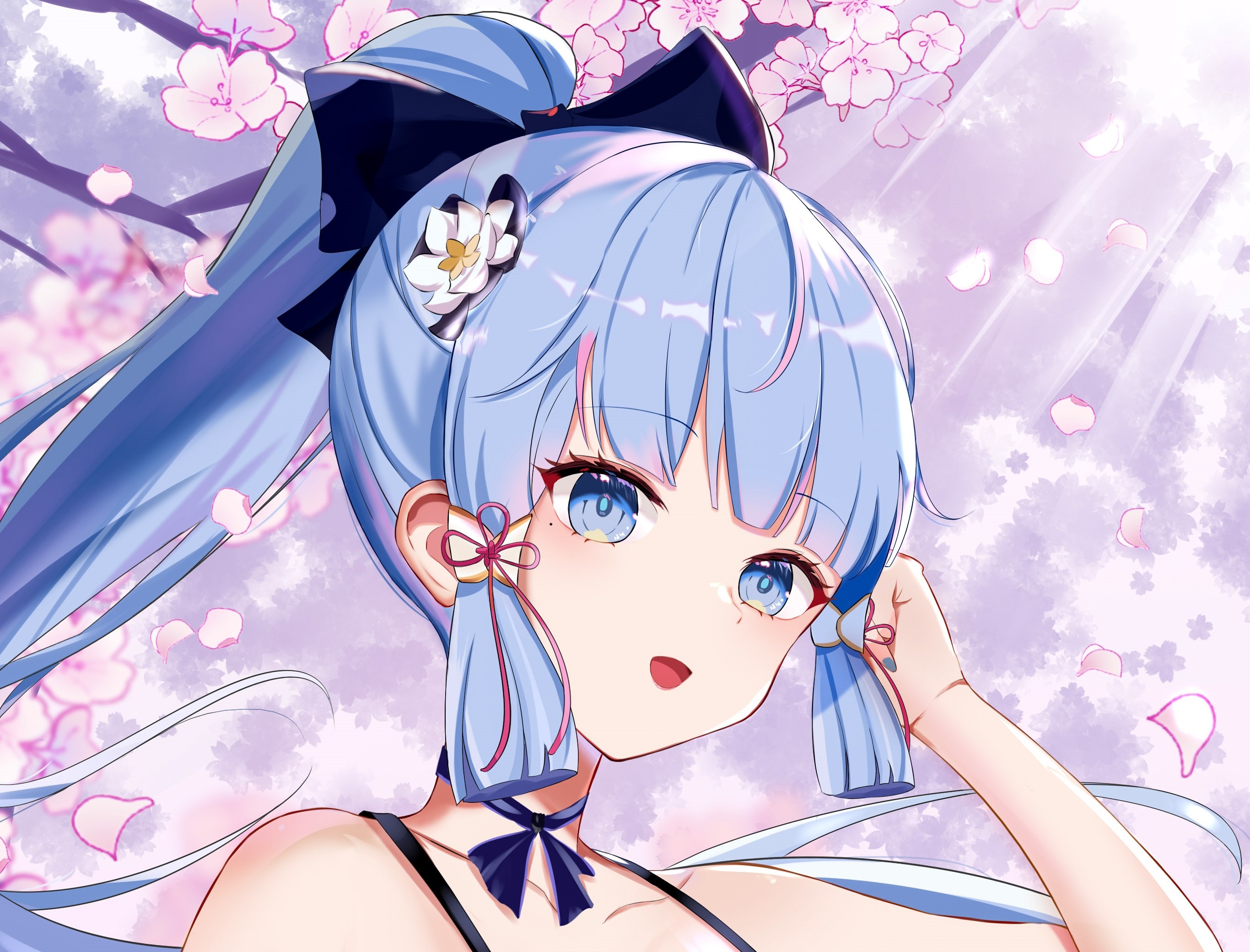 Kamisato Ayaka from Genshin Impact with blue hair and flowers HD Wallpaper