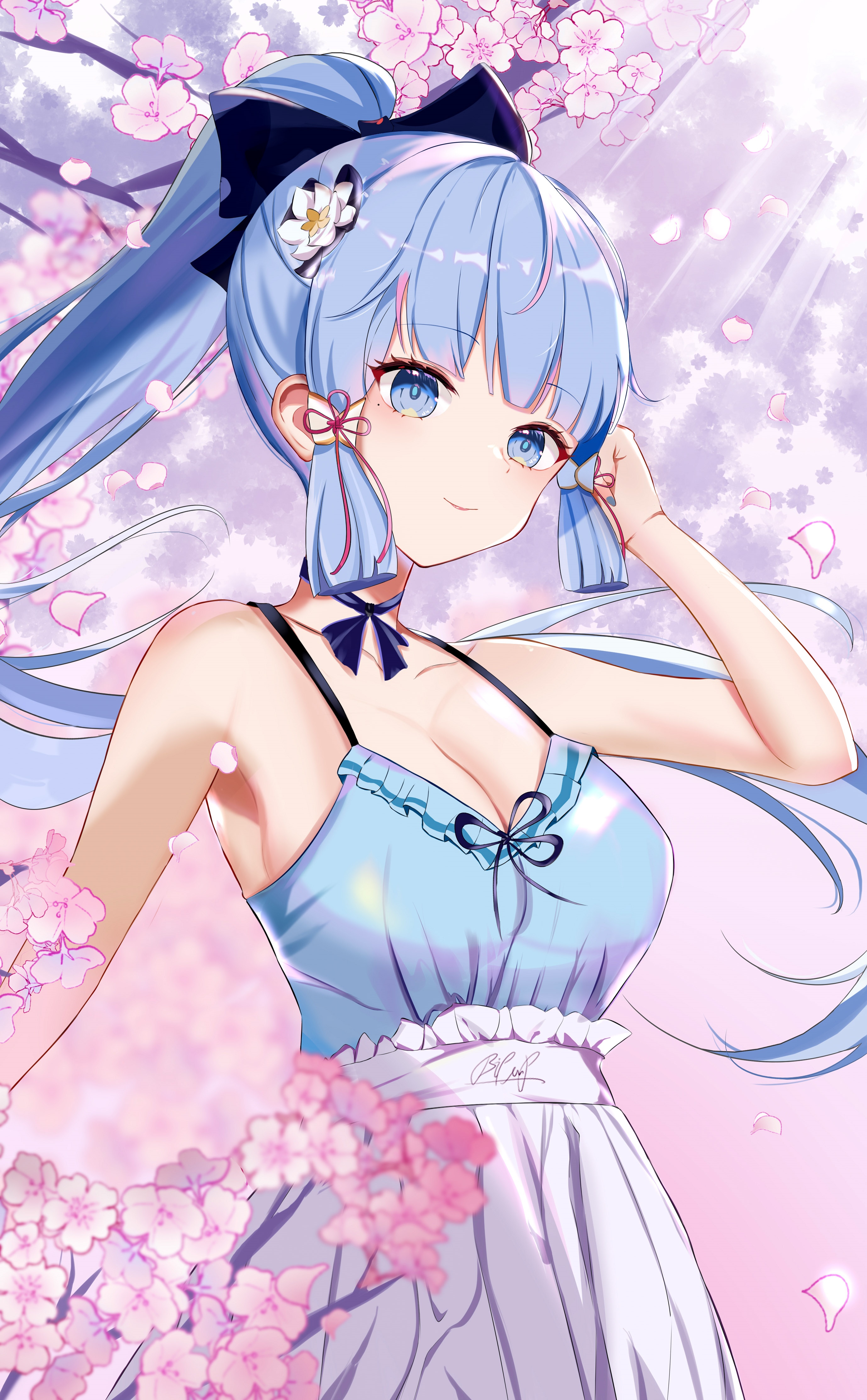 Kamisato Ayaka from Genshin Impact with cherry blossoms HD Phone Wallpaper