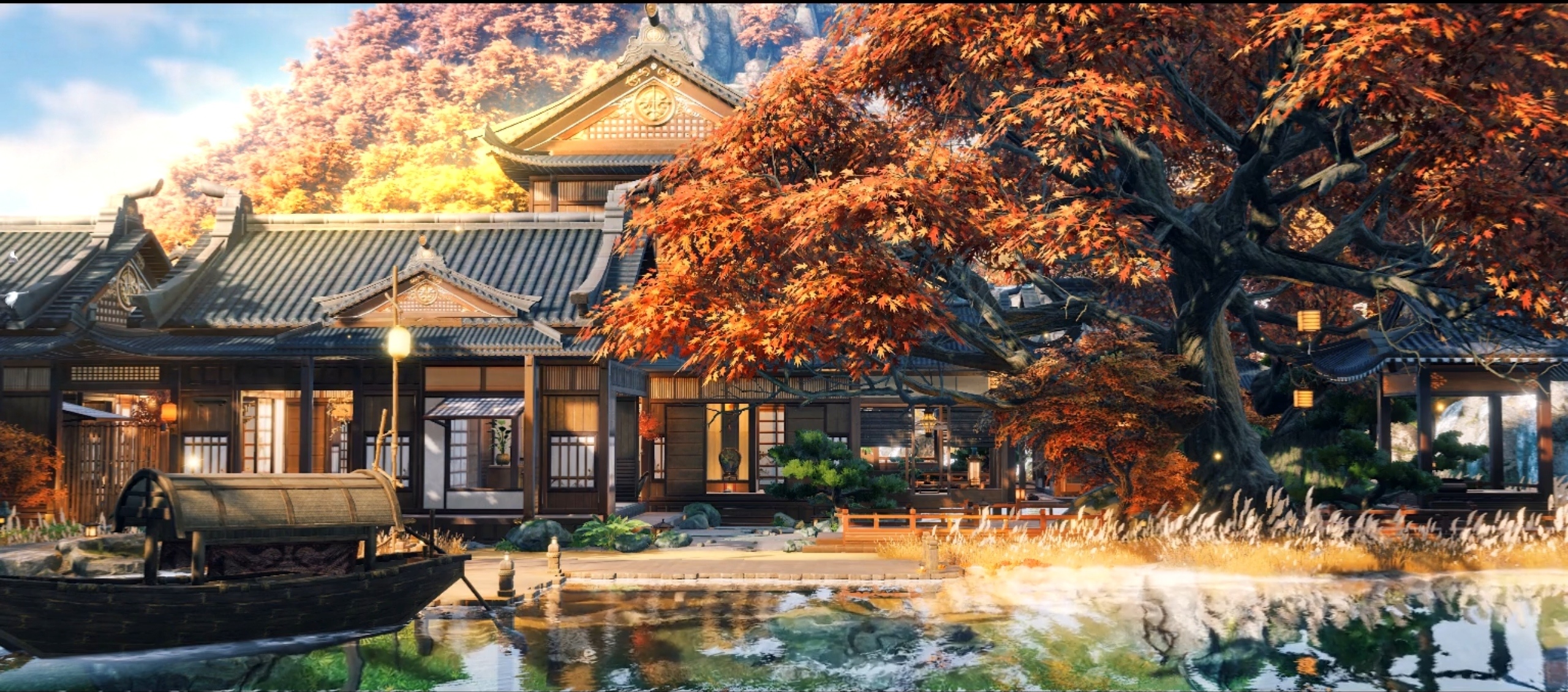 Traditional Japanese building by the water with autumn trees HD Wallpaper