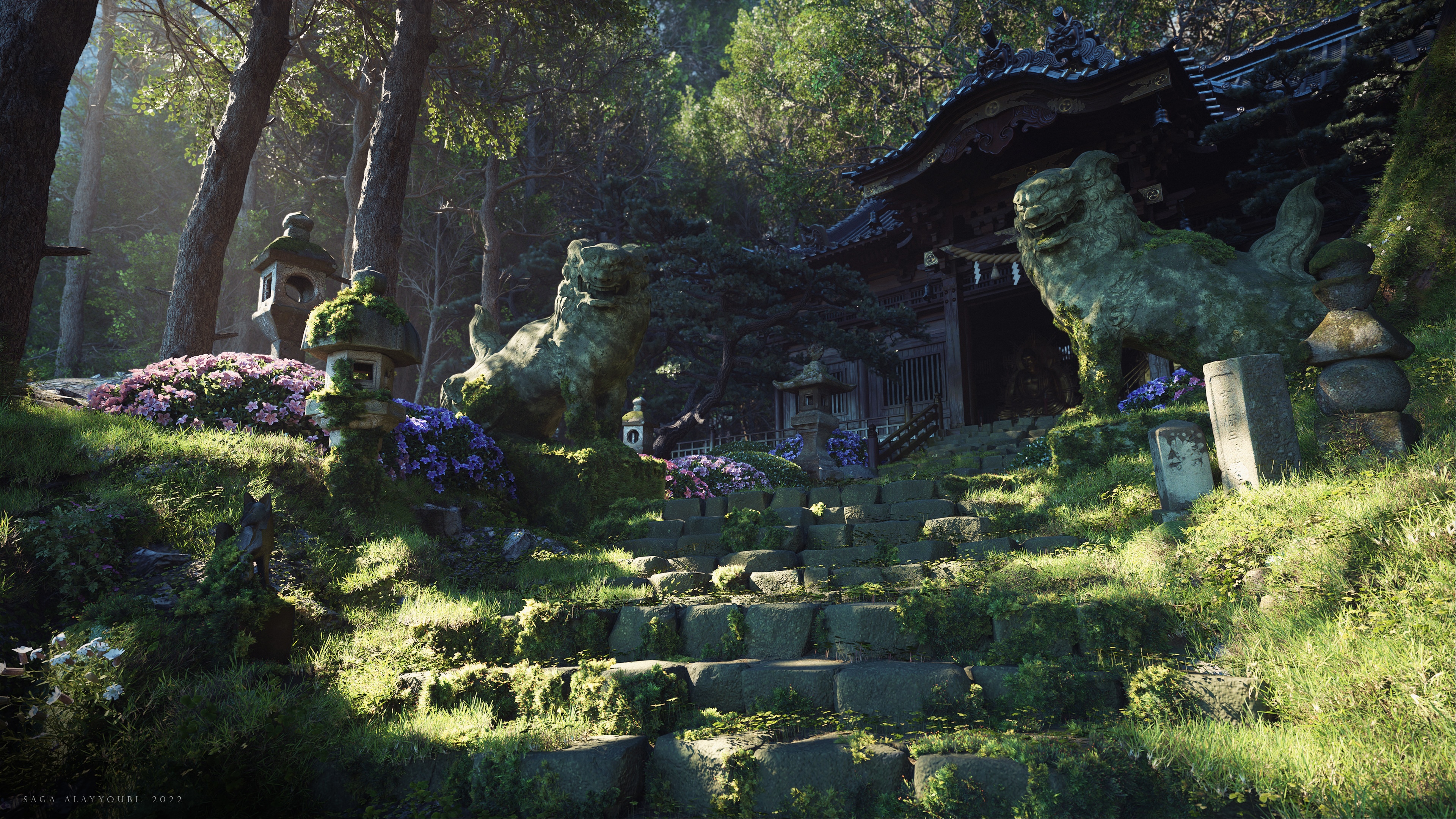 4K Zen Garden Temple with Stone Stairs and Lion Statues HD Wallpaper