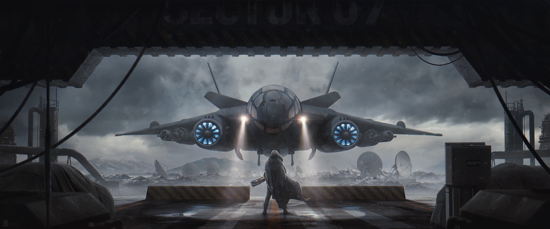Futuristic Warrior and Jet in Hangar HD Wallpaper