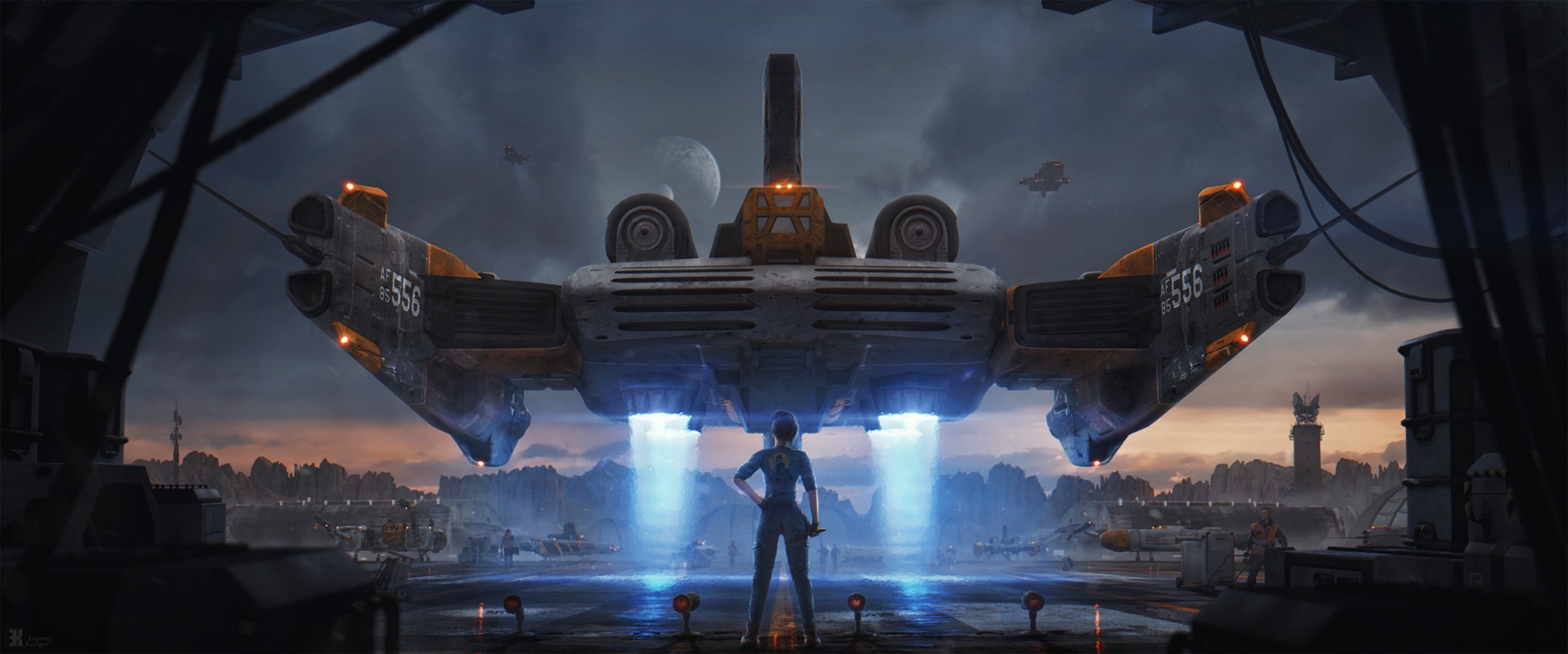 Evgenij Kungur's concept art of a spaceship in a hangar HD Wallpaper