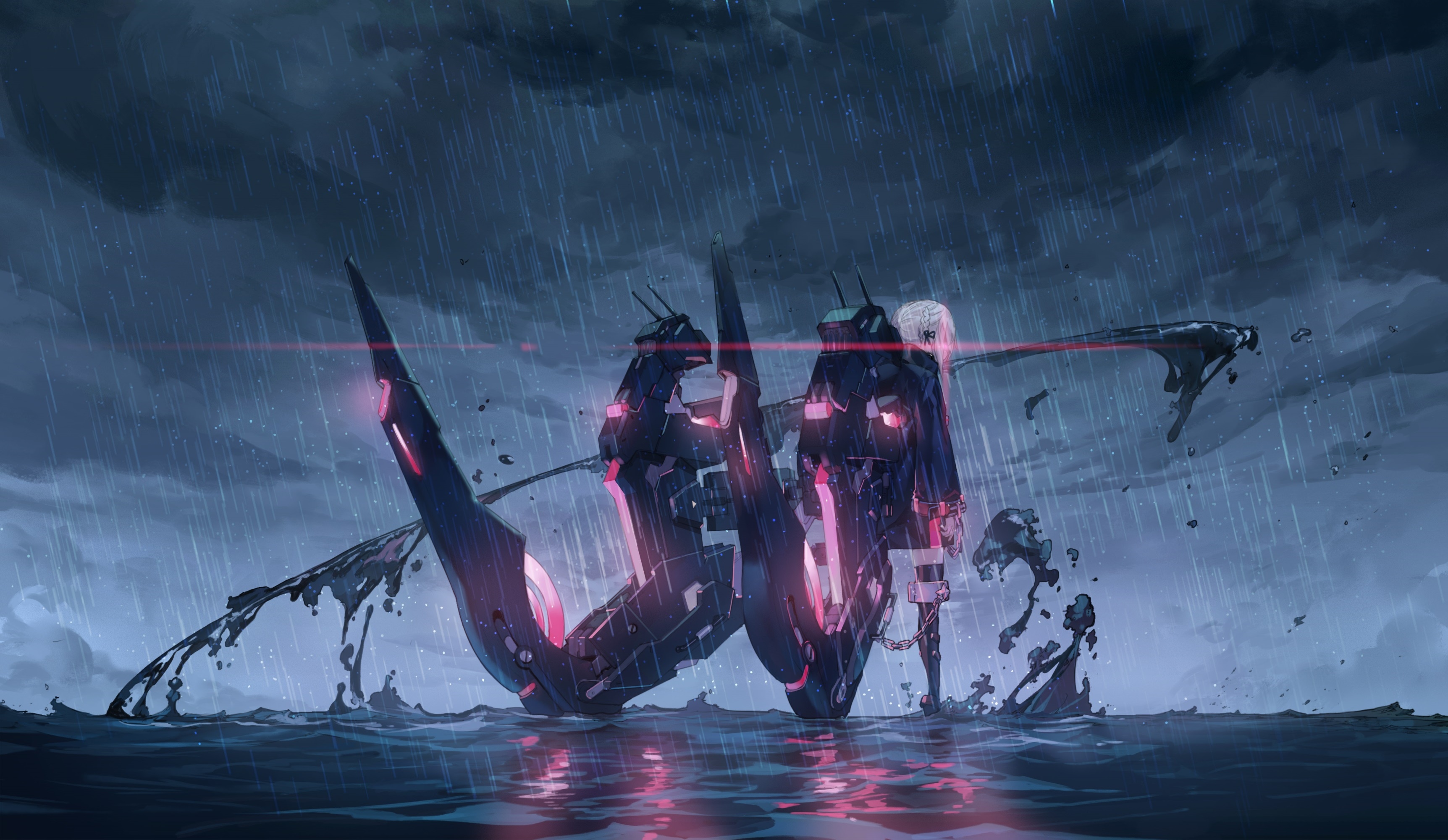 Girl and mechanical structure in the rain HD Wallpaper