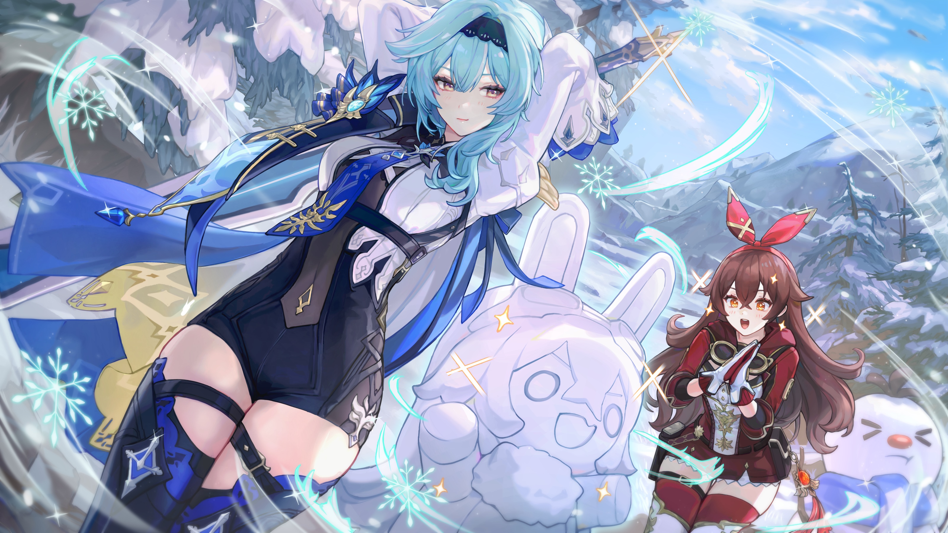 Eula and Amber in a Snowy Landscape HD Wallpaper