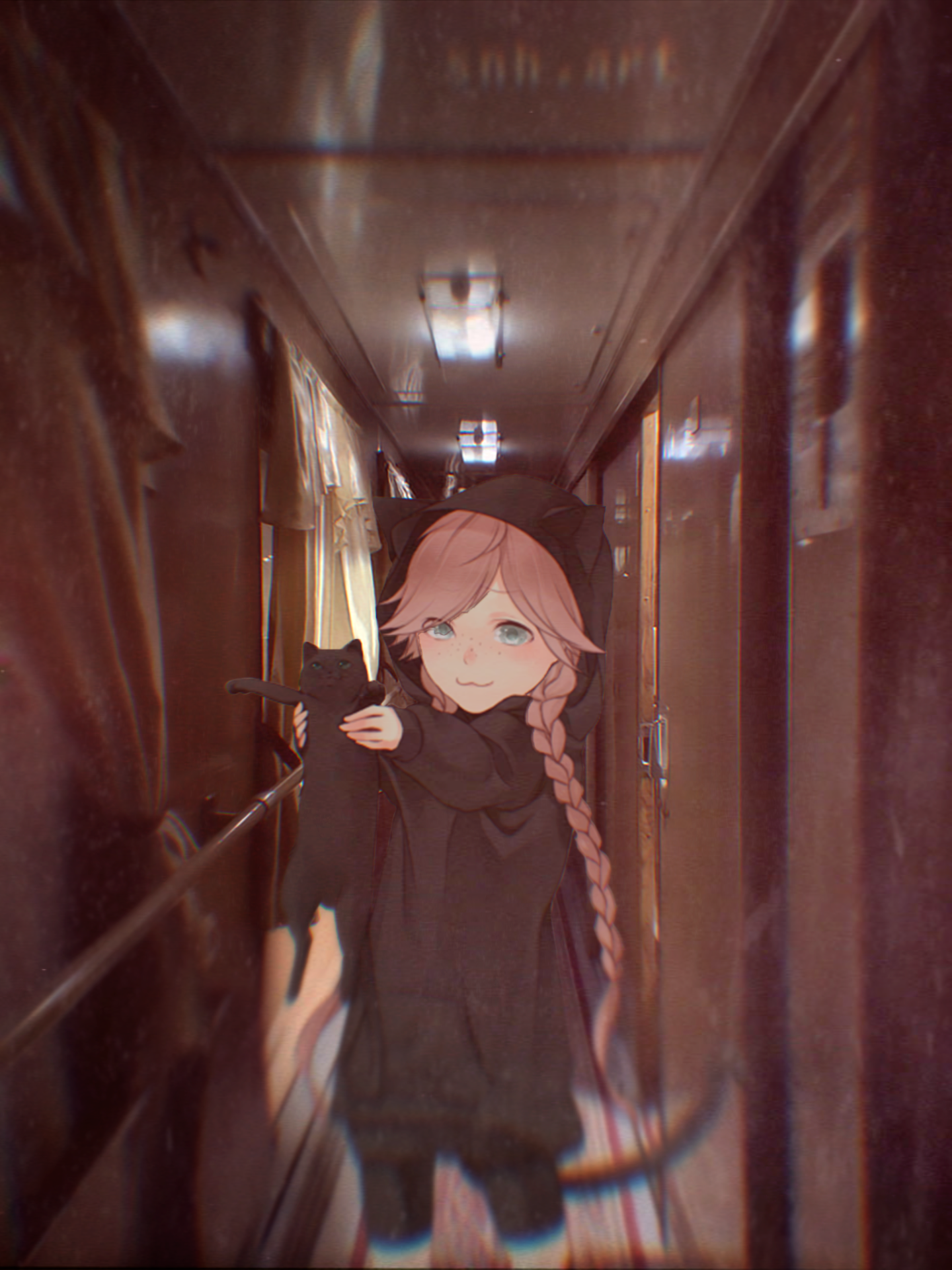 Anime girl with cat ears and cat holding a black cat HD Phone Wallpaper