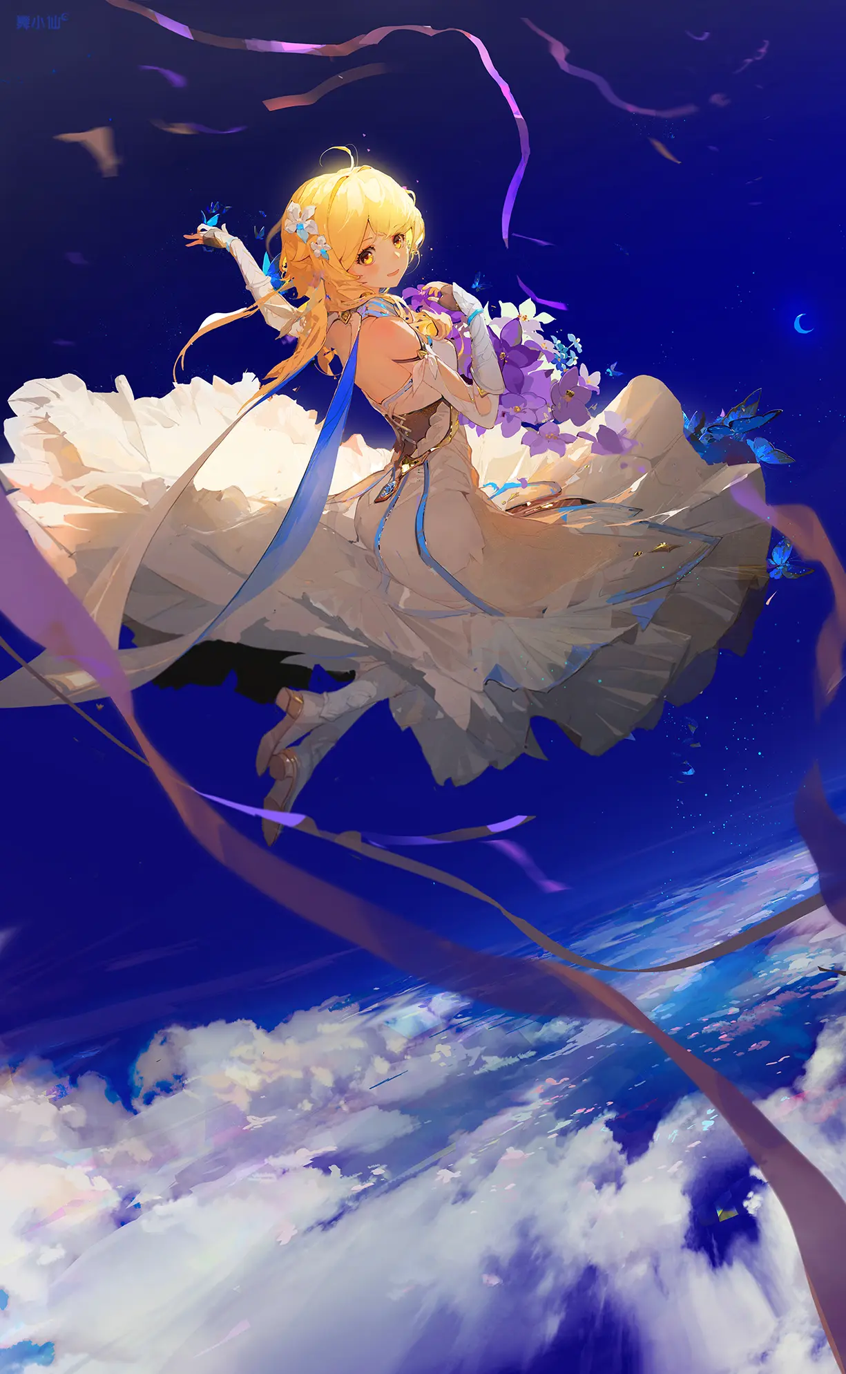 Lumine in a white dress with flowers and ribbons HD Phone Wallpaper