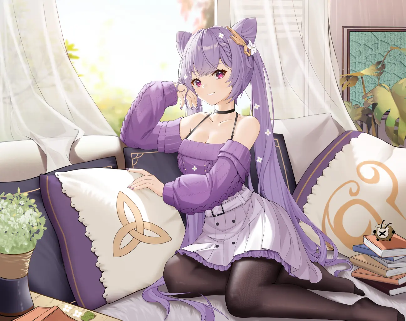 Keqing from Genshin Impact sitting on a couch HD Wallpaper