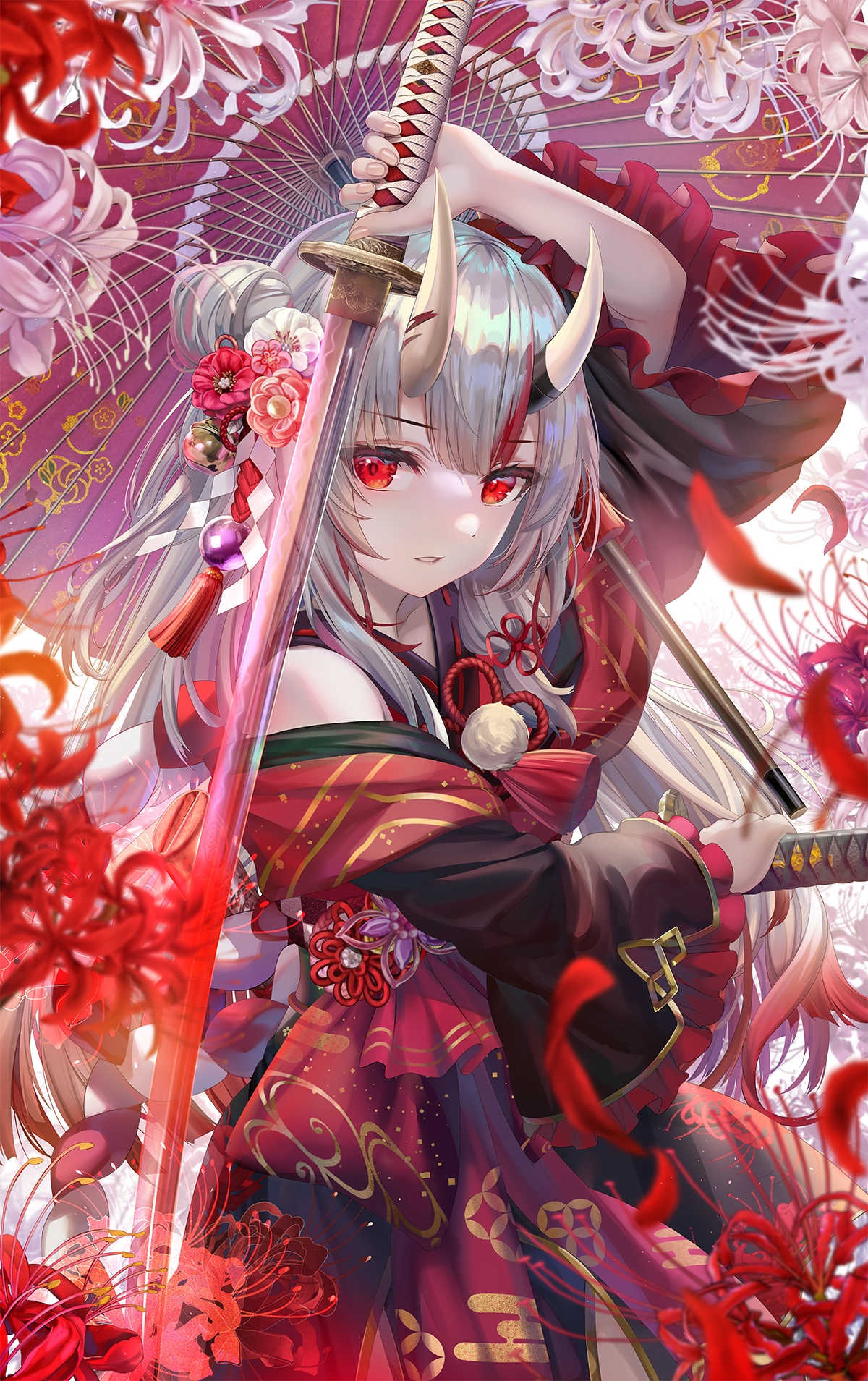 Anime girl with horns and katana holding an umbrella HD Phone Wallpaper