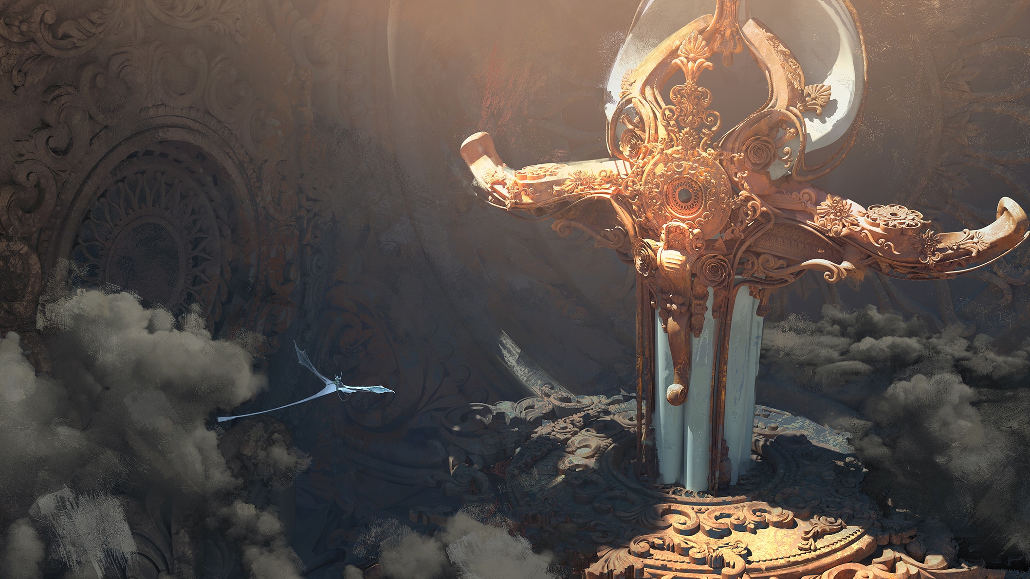 Fantasy art of a giant ornate sword and a dragon HD Wallpaper