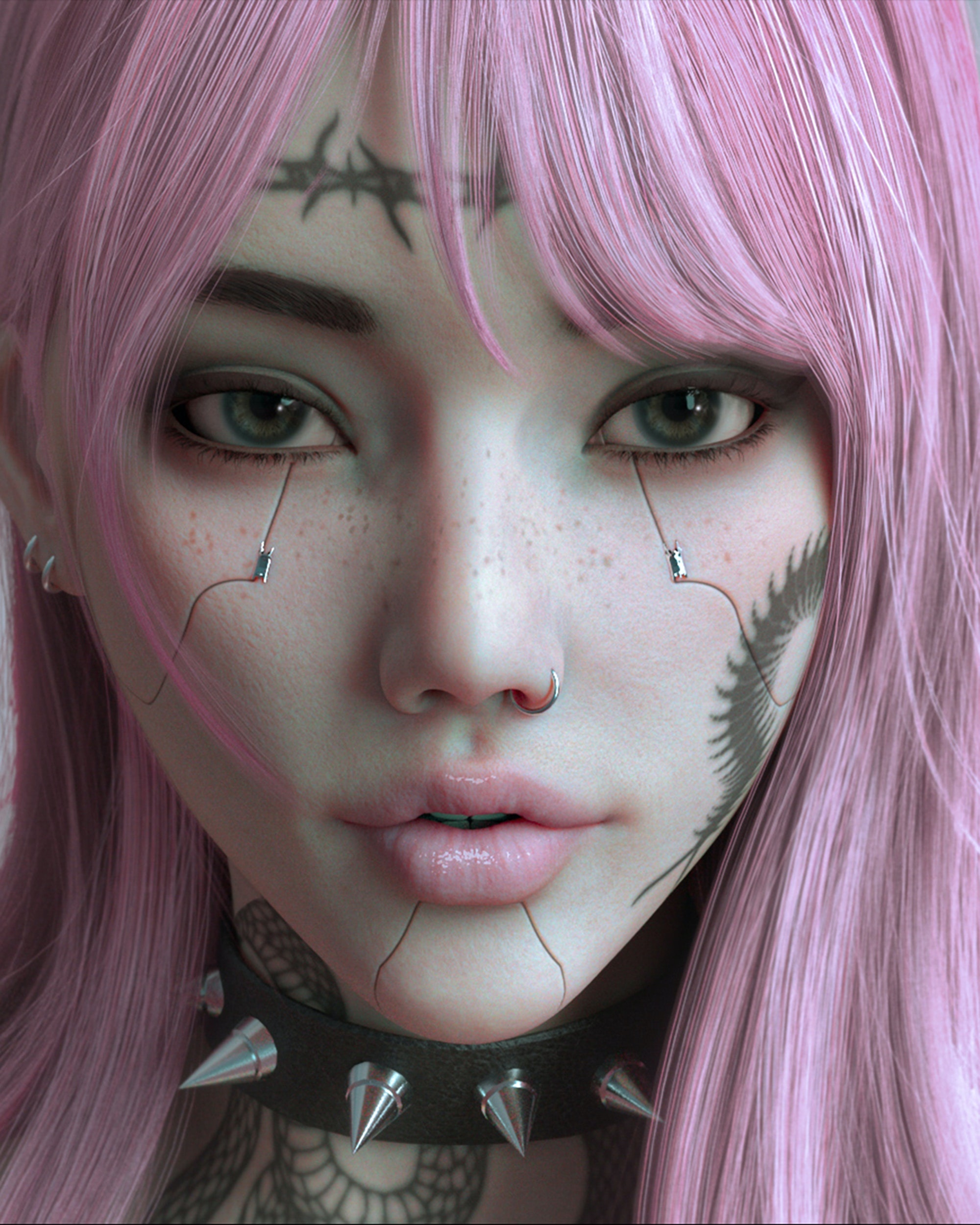 Portrait of a woman with pink hair and tattoos HD Phone Wallpaper