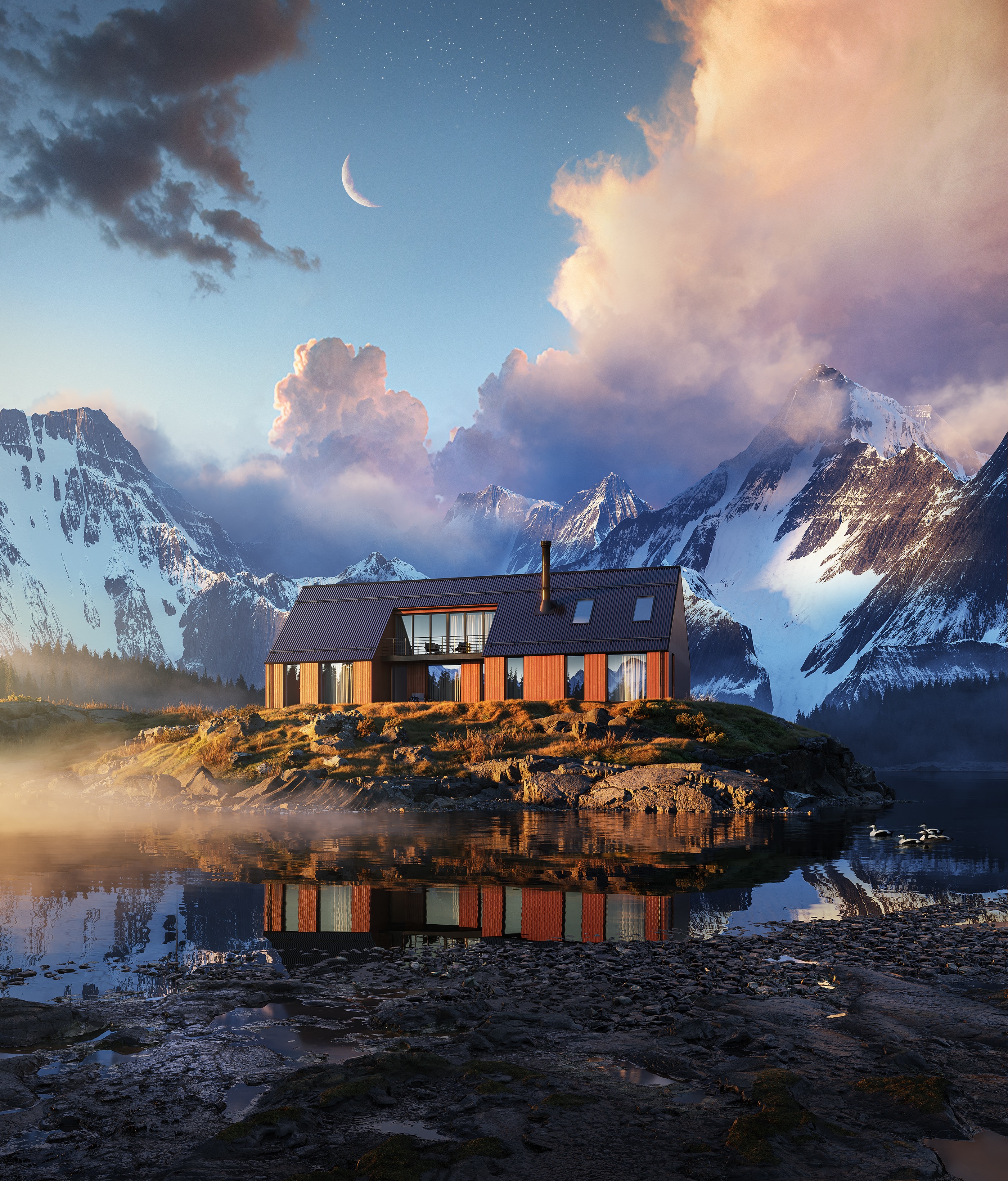 House on an island with mountains and a lake HD Phone Wallpaper