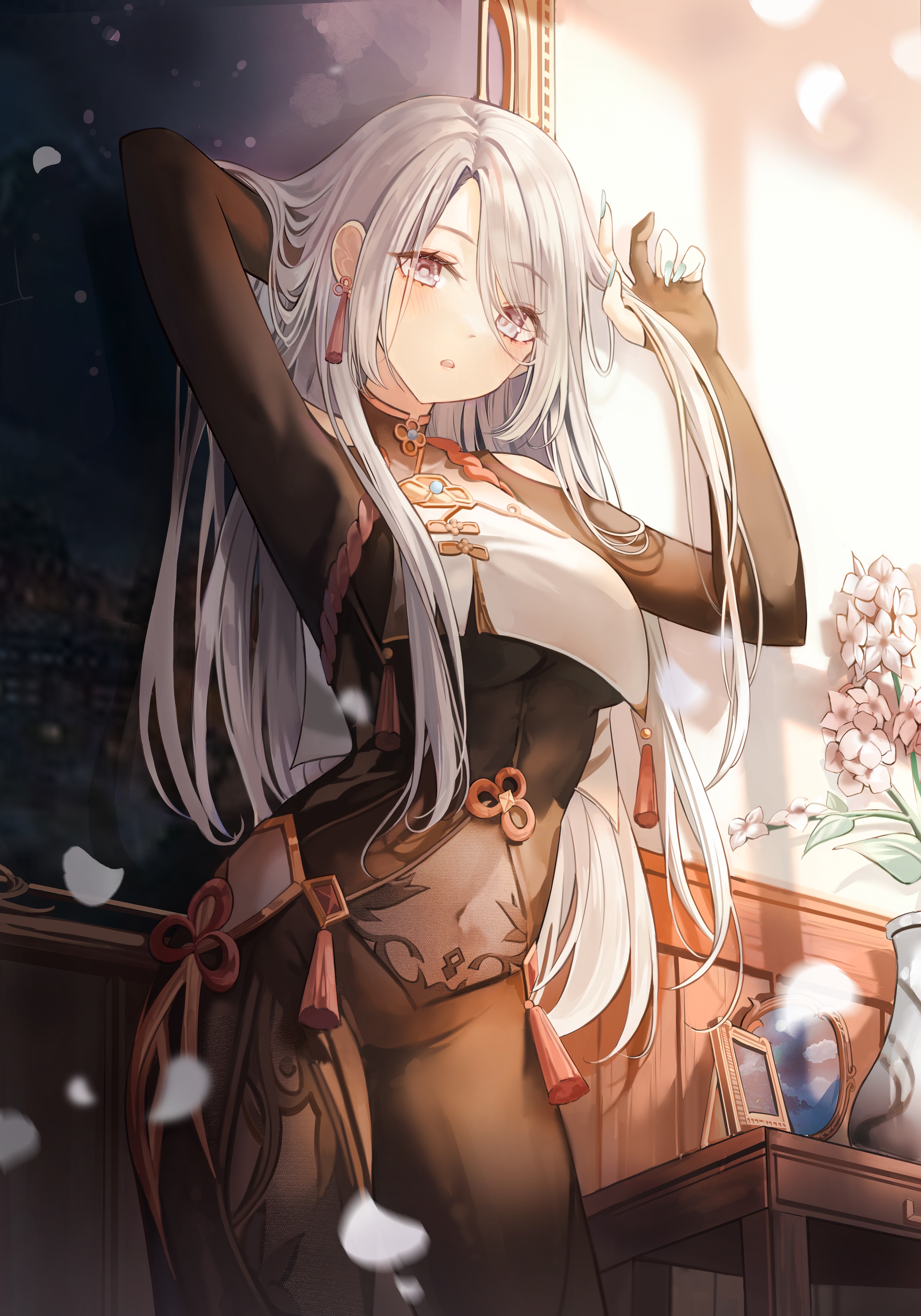 Shenhe from Genshin Impact with silver hair HD Phone Wallpaper
