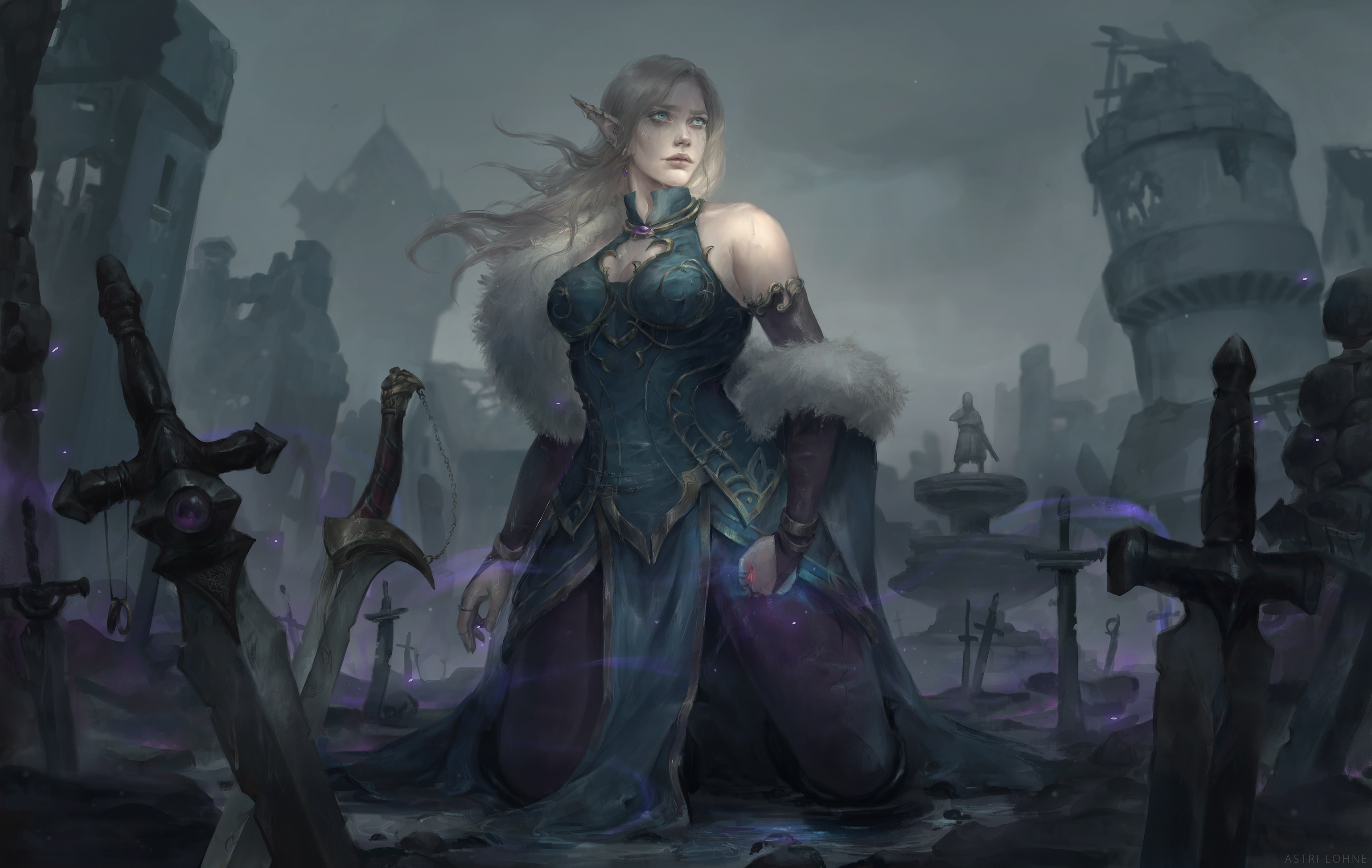 Mirabella Dawnsinger kneeling in a ruined fantasy landscape HD Wallpaper
