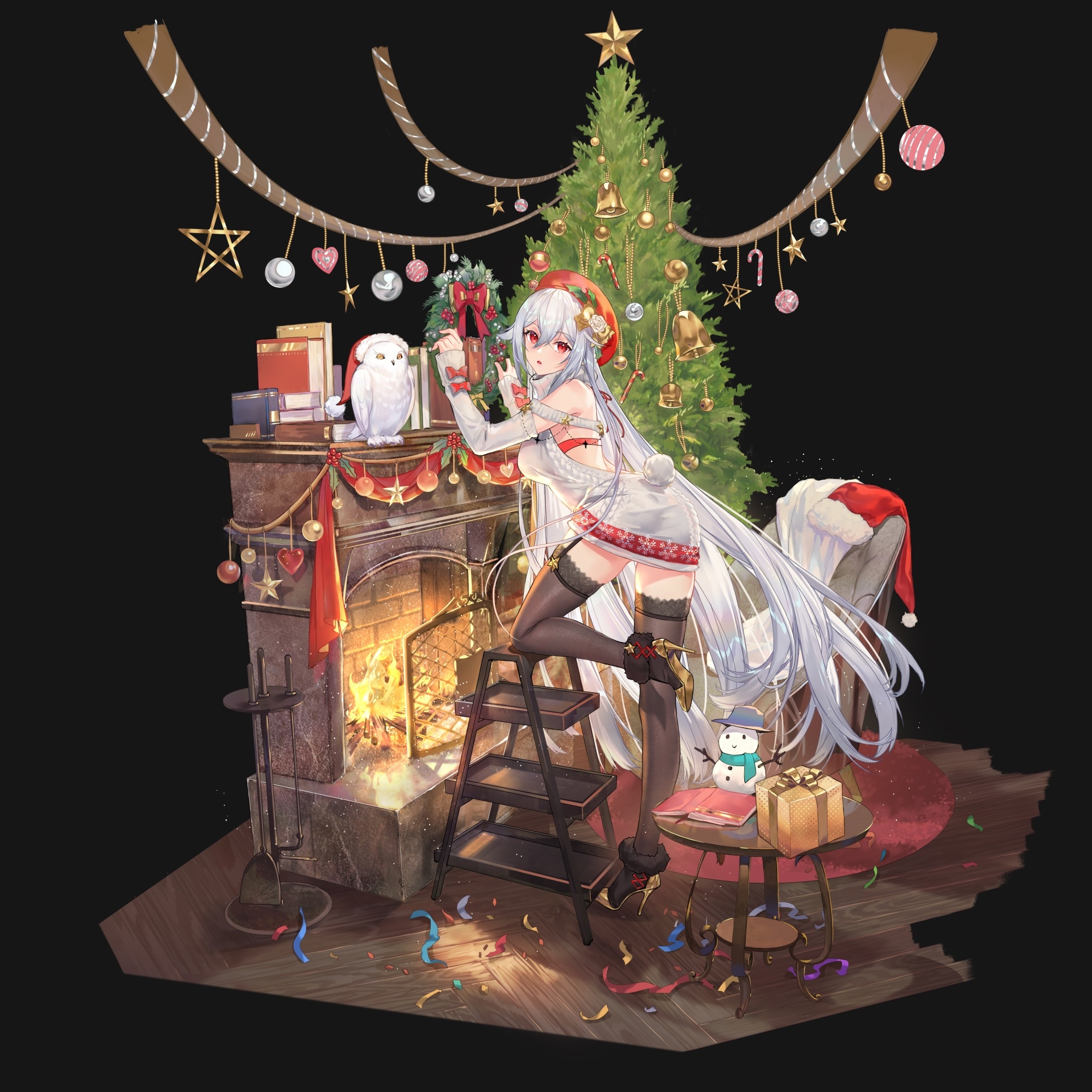 Anime girl decorating Christmas tree by fireplace HD Wallpaper