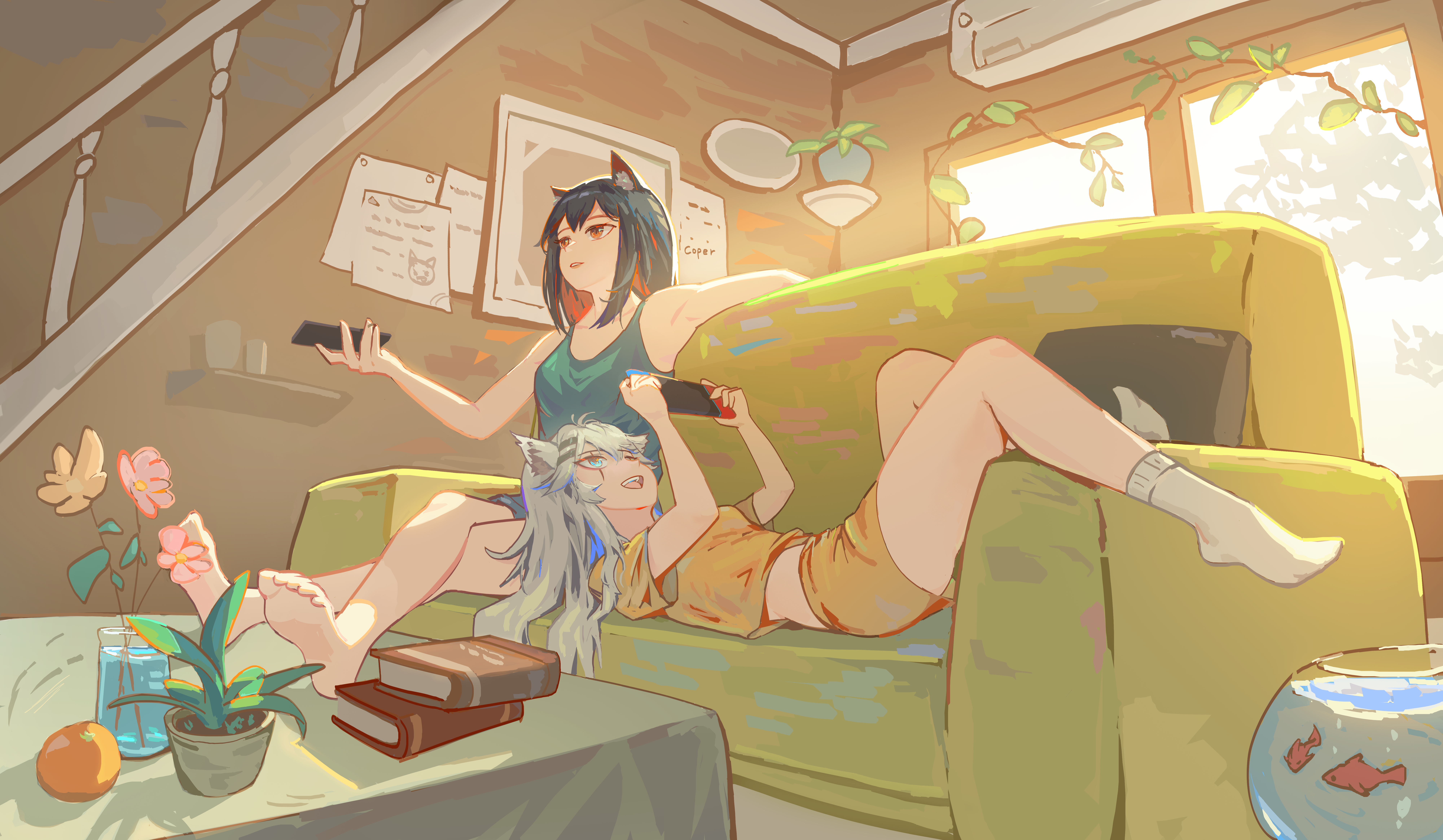 Wolf girls playing Nintendo Switch on a couch HD Wallpaper