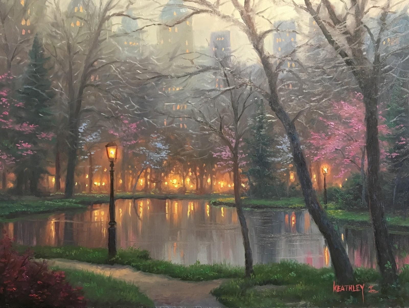 Park lake with streetlights and city buildings at dusk HD Wallpaper