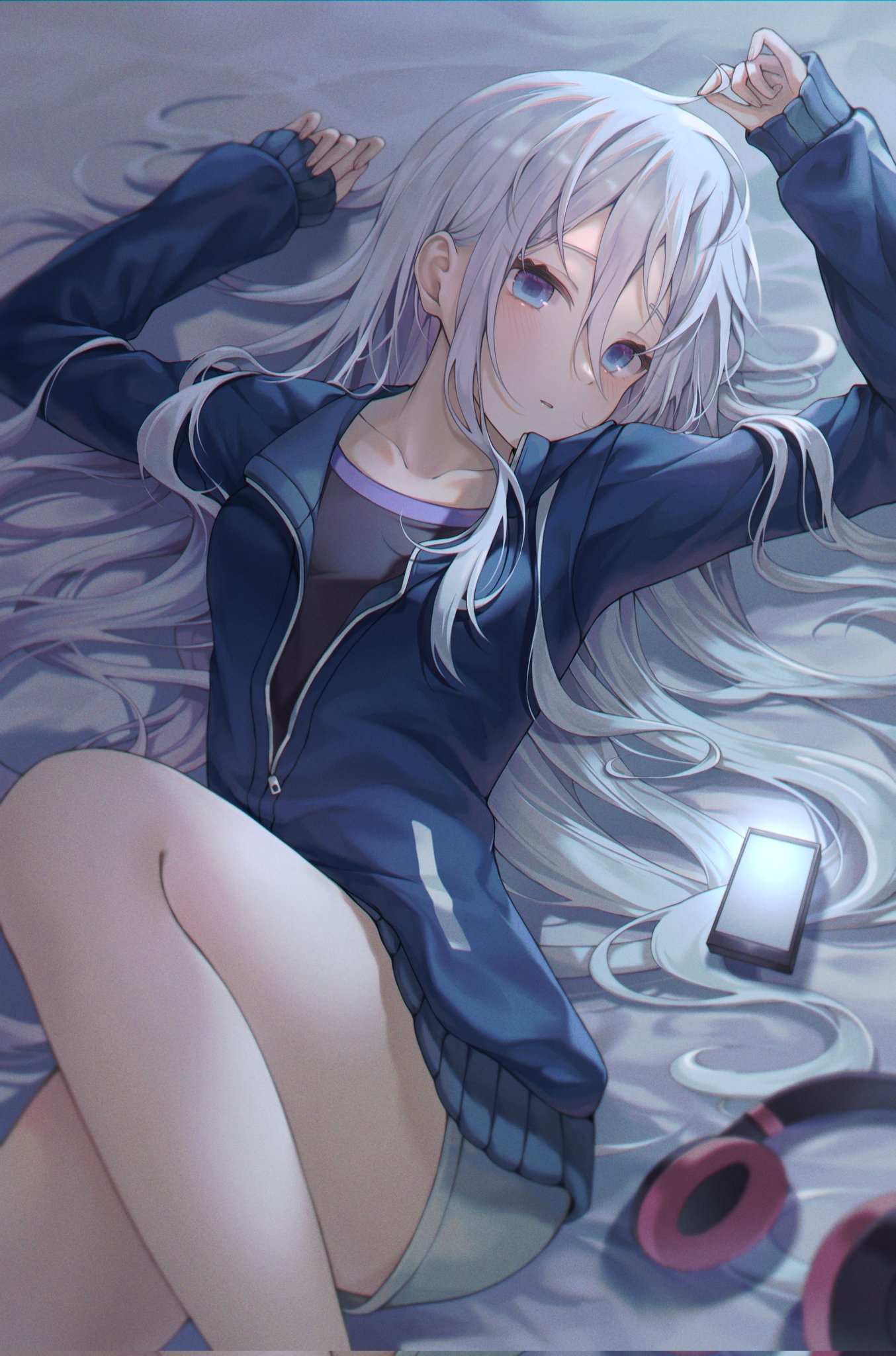 Anime girl with white hair and blue eyes lying down HD Phone Wallpaper