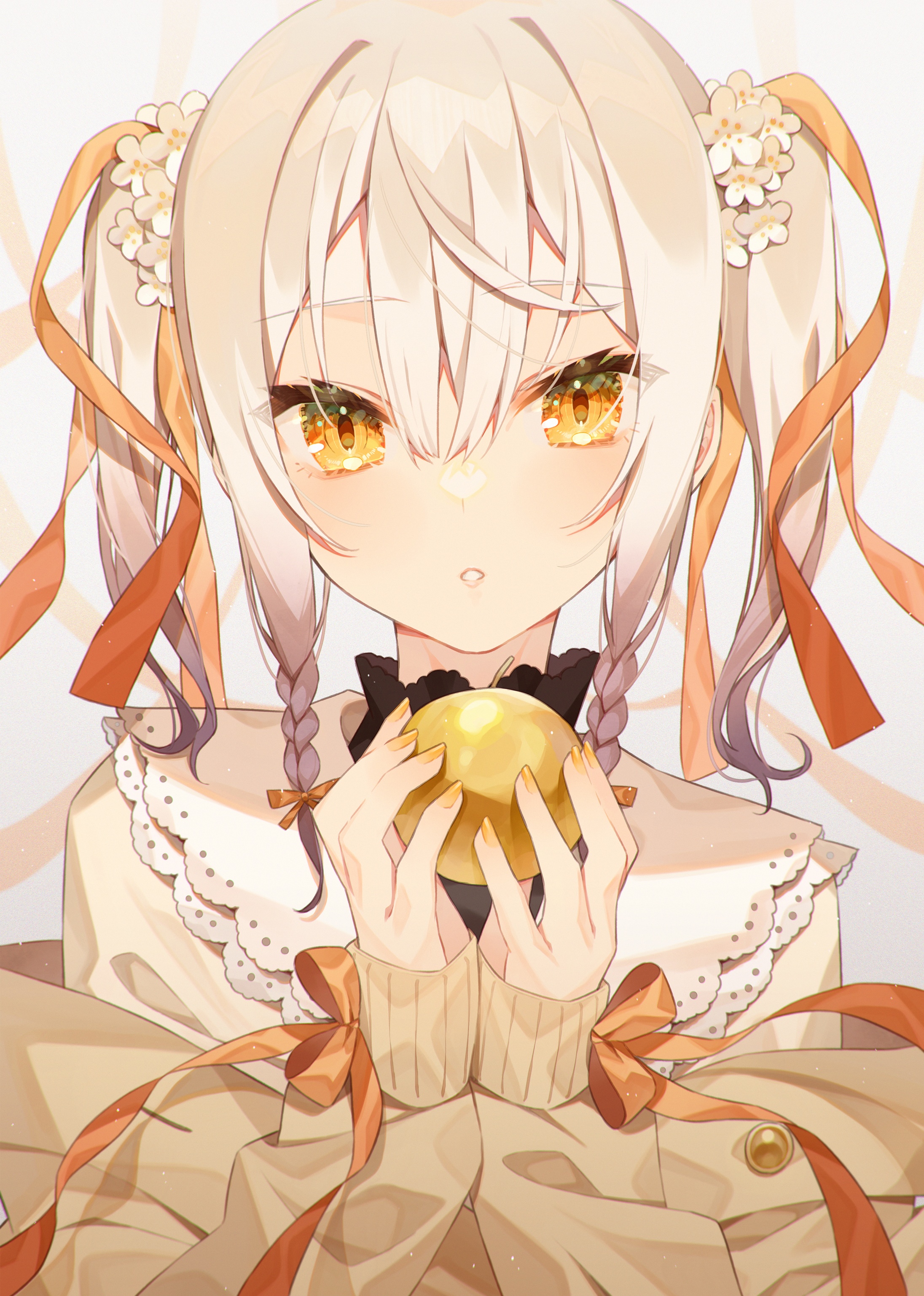 Anime girl with double tails and yellow eyes holding an apple HD Phone Wallpaper