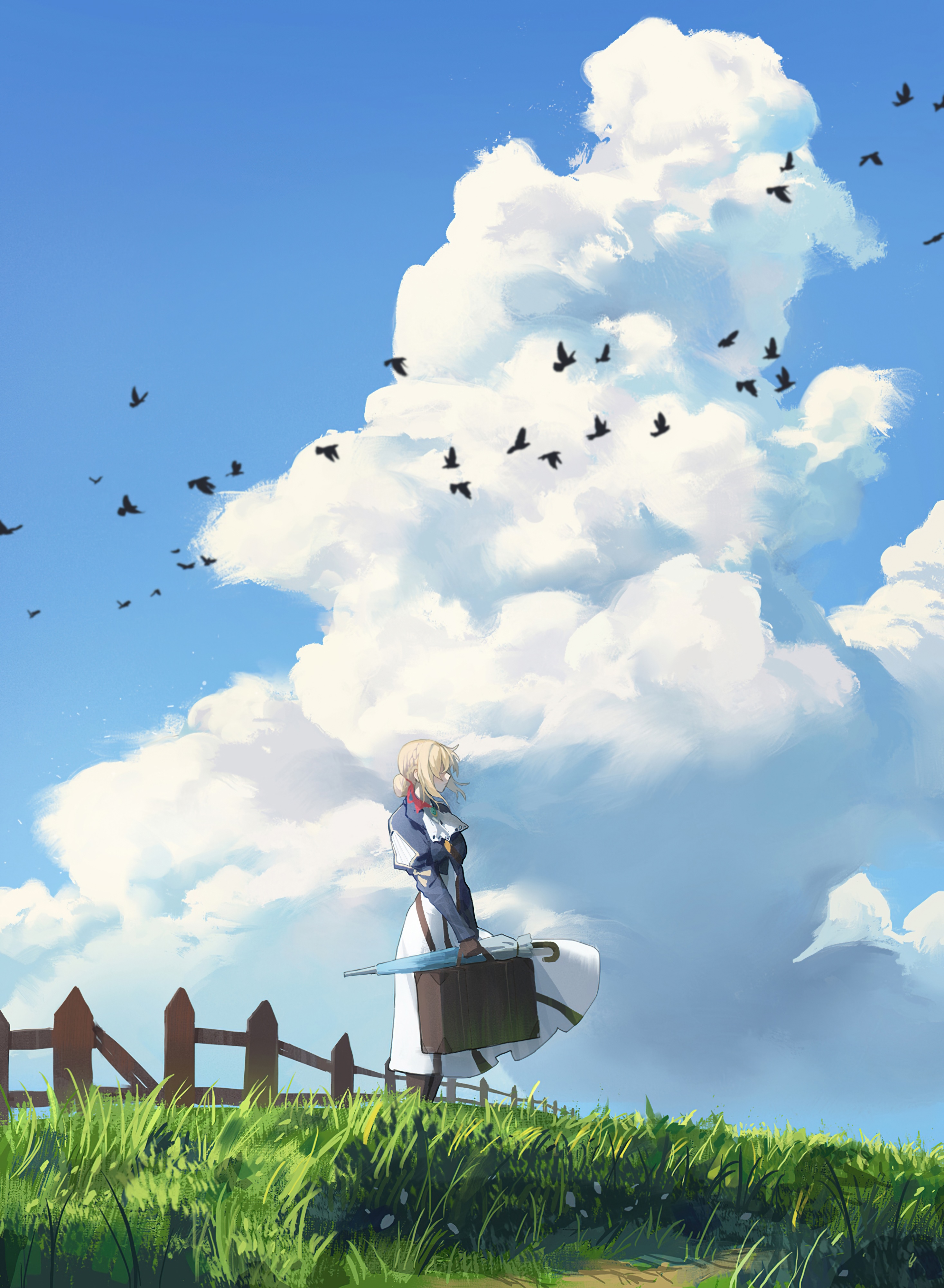 Violet Evergarden standing with a suitcase under clouds and birds HD Phone Wallpaper