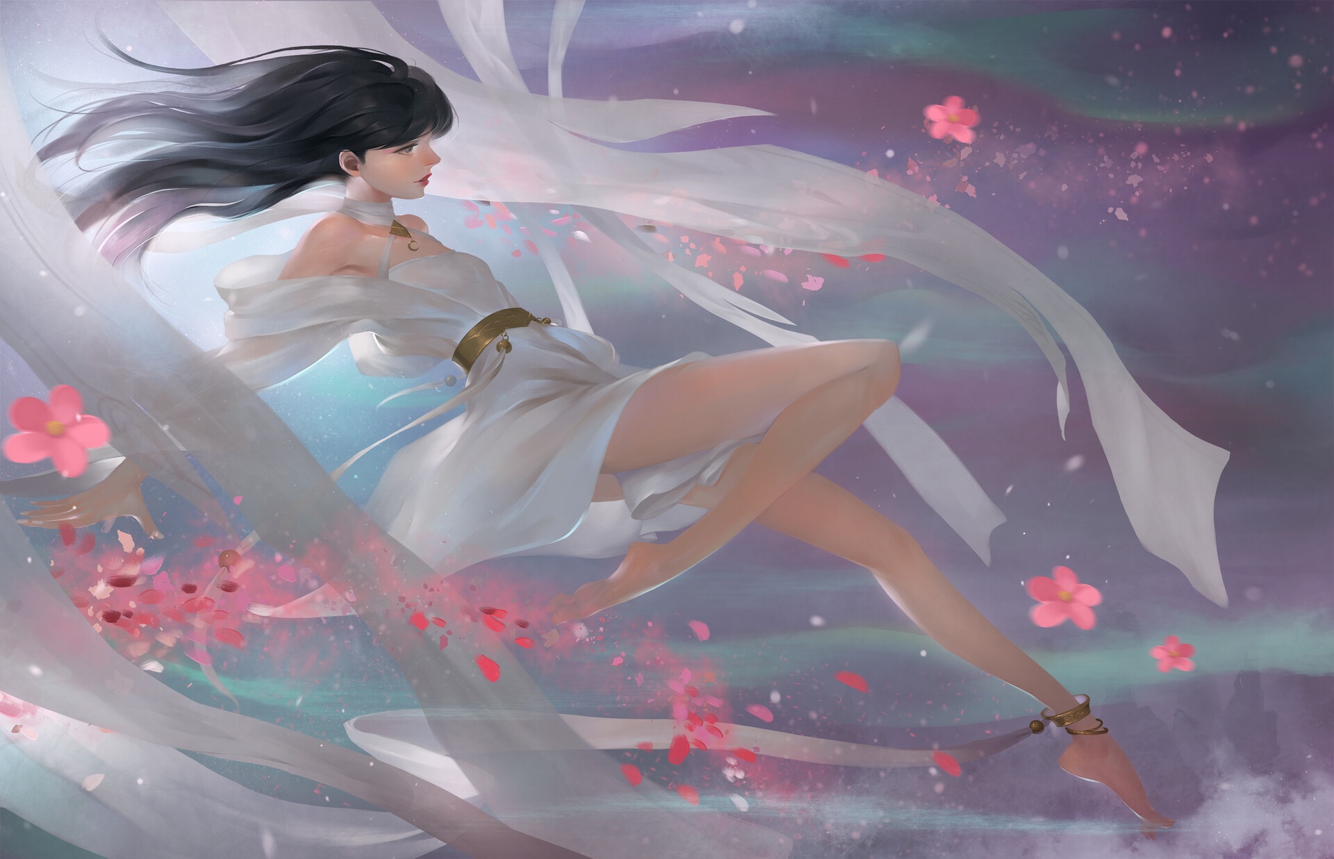 Fantasy girl in white dress with pink petals HD Wallpaper