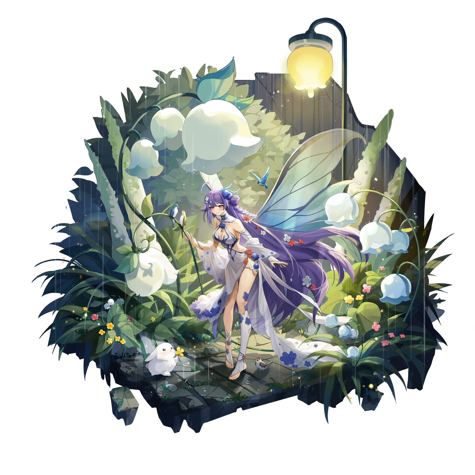 Fairy with purple hair and butterfly wings in a garden HD Wallpaper