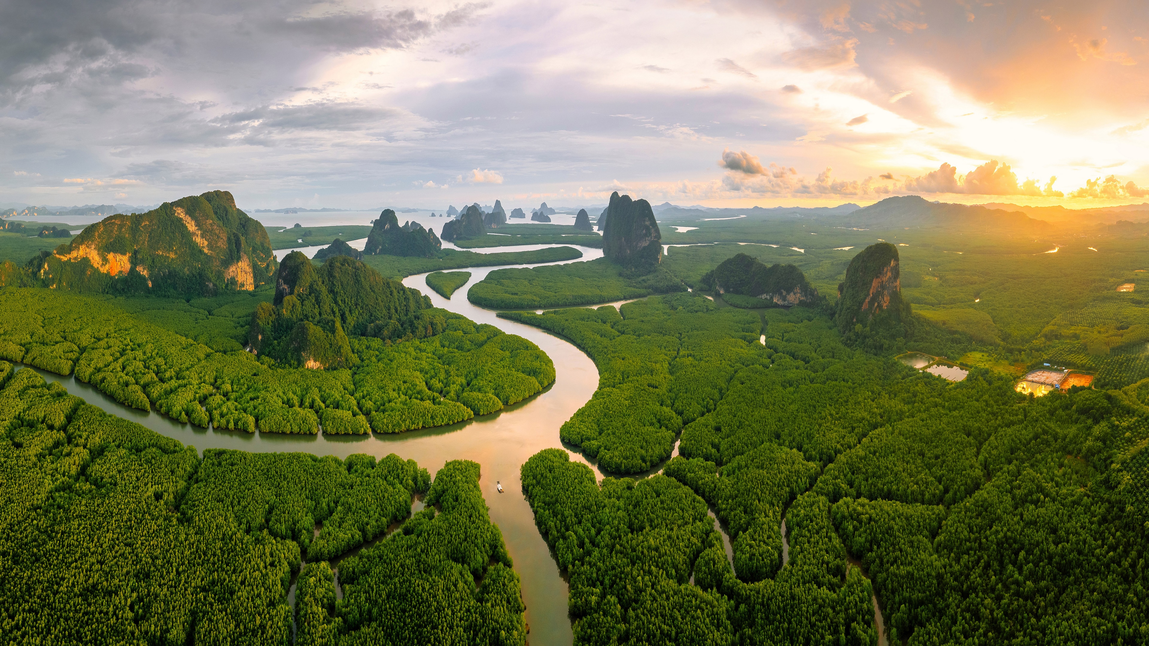 4K Aerial View of River and Mountains in Thailand HD Wallpaper