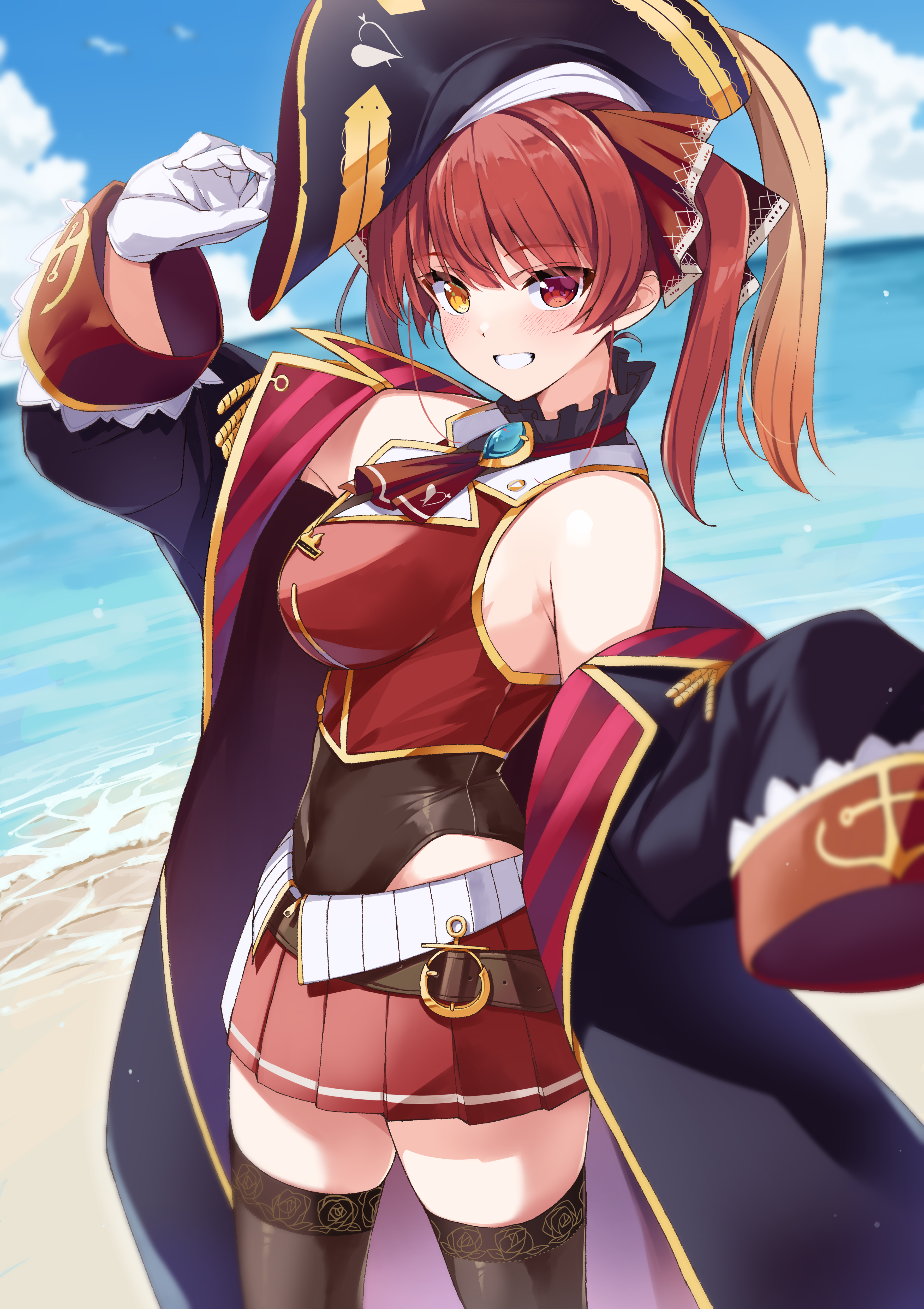 Houshou Marine wearing a pirate hat on the beach HD Phone Wallpaper