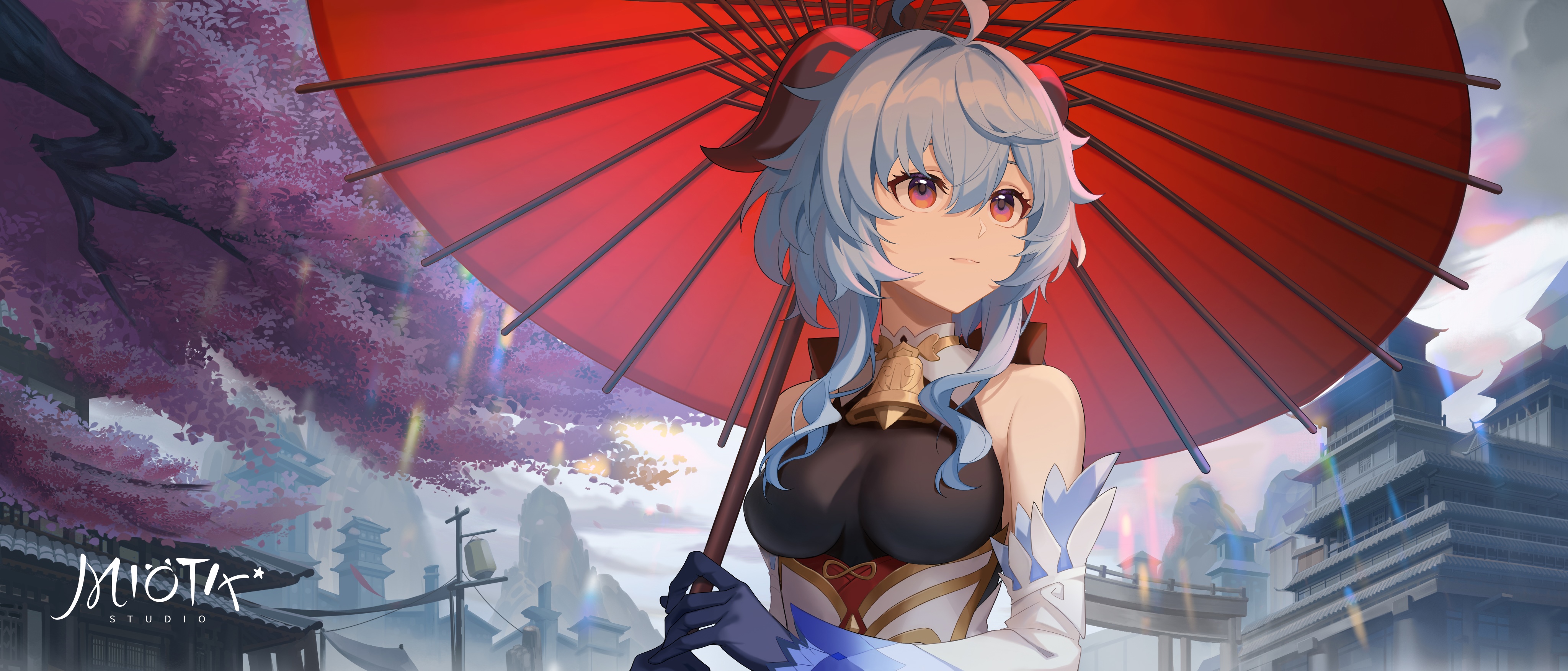 Genshin Impact Ganyu with Red Umbrella HD Wallpaper